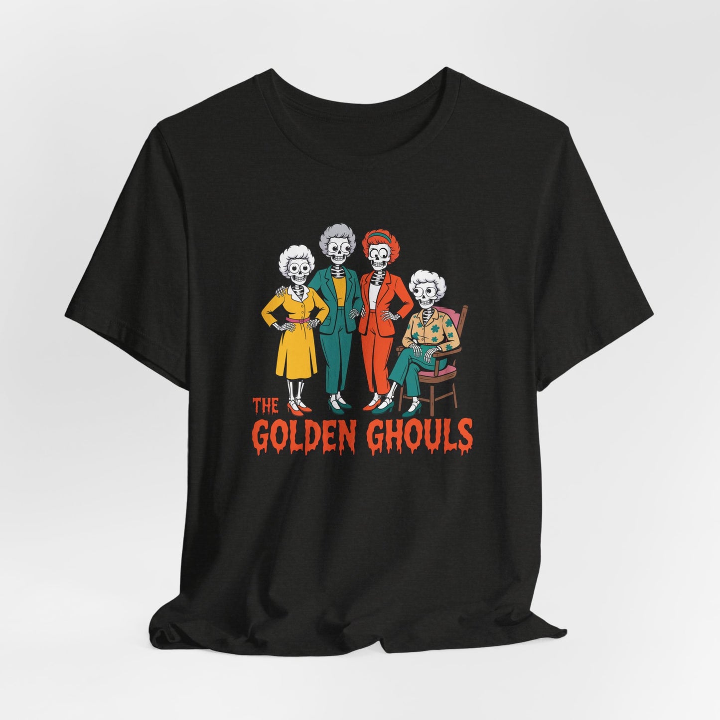 Black t-shirt with 'The Golden Ghouls' graphic design on a white background   Golden Girls, 80s TV, Halloween Tees