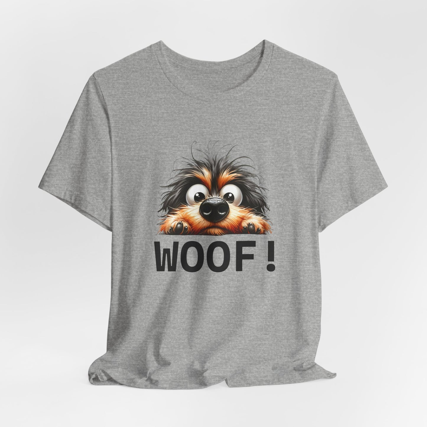 Gray t-shirt with a dog graphic and 'WOOF!' text on a white background