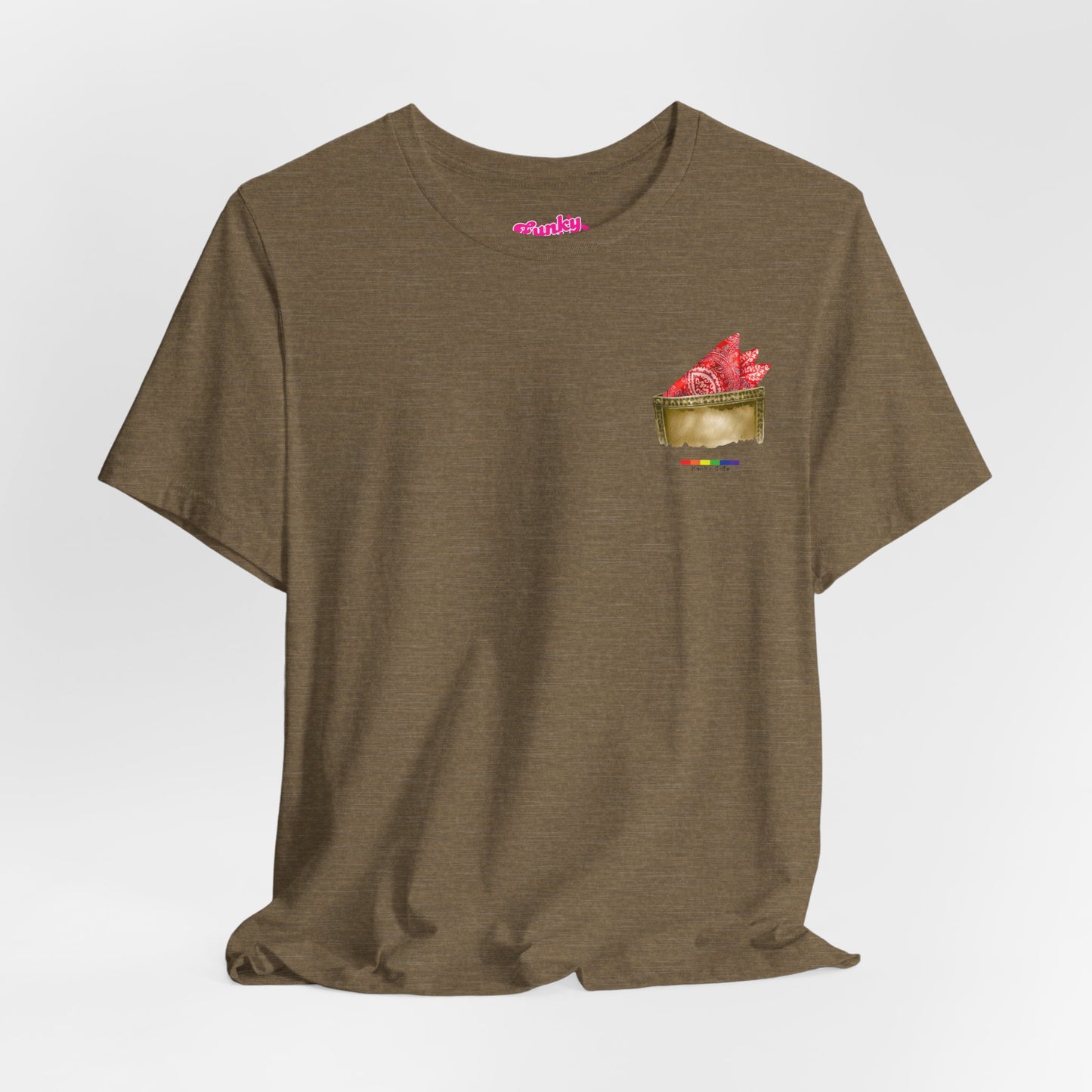 Olive green t-shirt with a small graphic of a pocket with a paisley print hanky tucked inside. it features the LGBT rainbow colours and the words Hanky Code