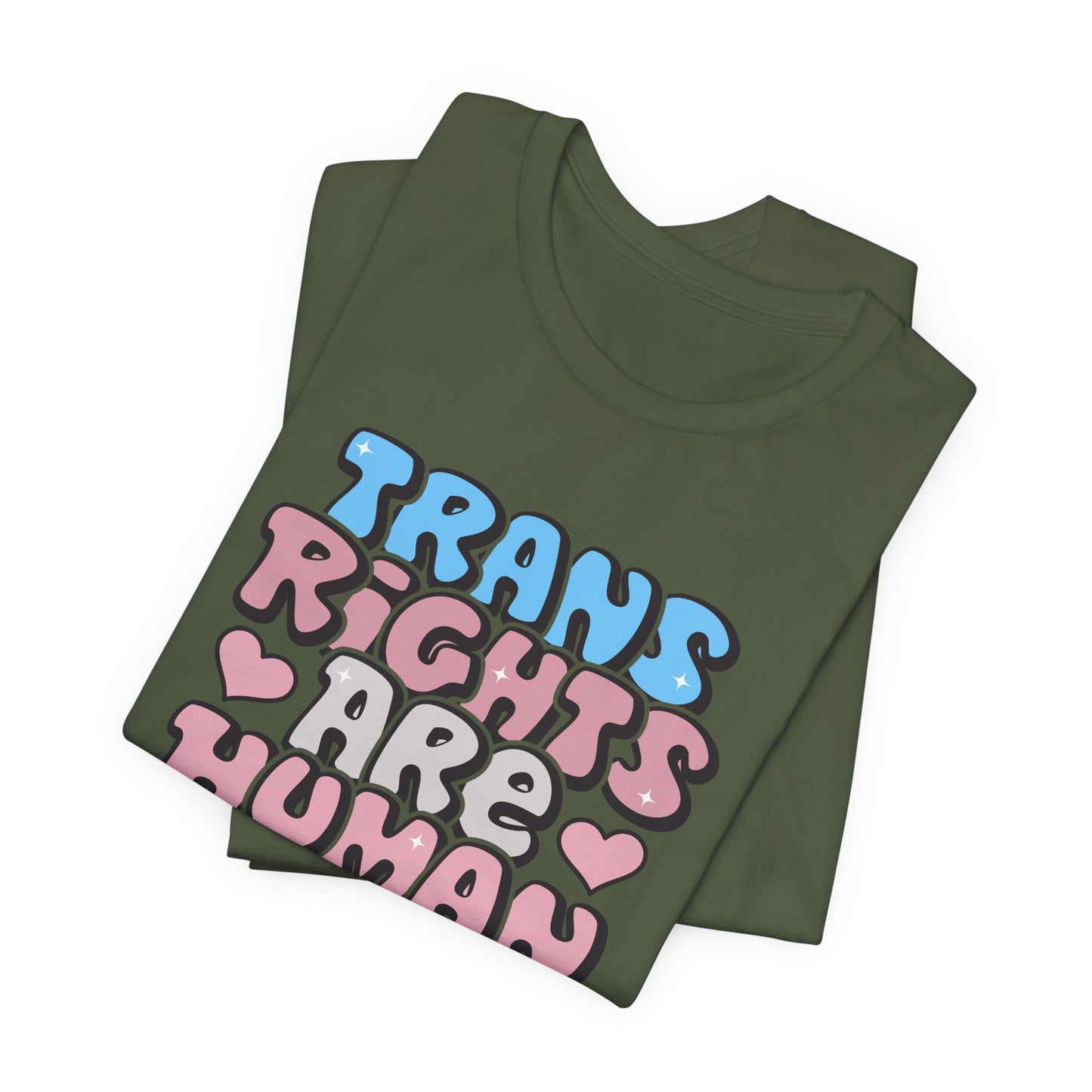 Green t-shirt with 'Trans Rights Are Human' text on a white background LGBTQIA+, Queer, Trans rights