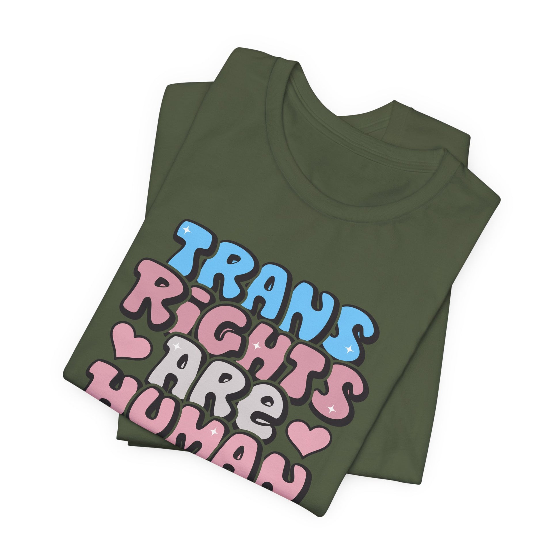 Green t-shirt with 'Trans Rights Are Human' text on a white background LGBTQIA+, Queer, Trans rights