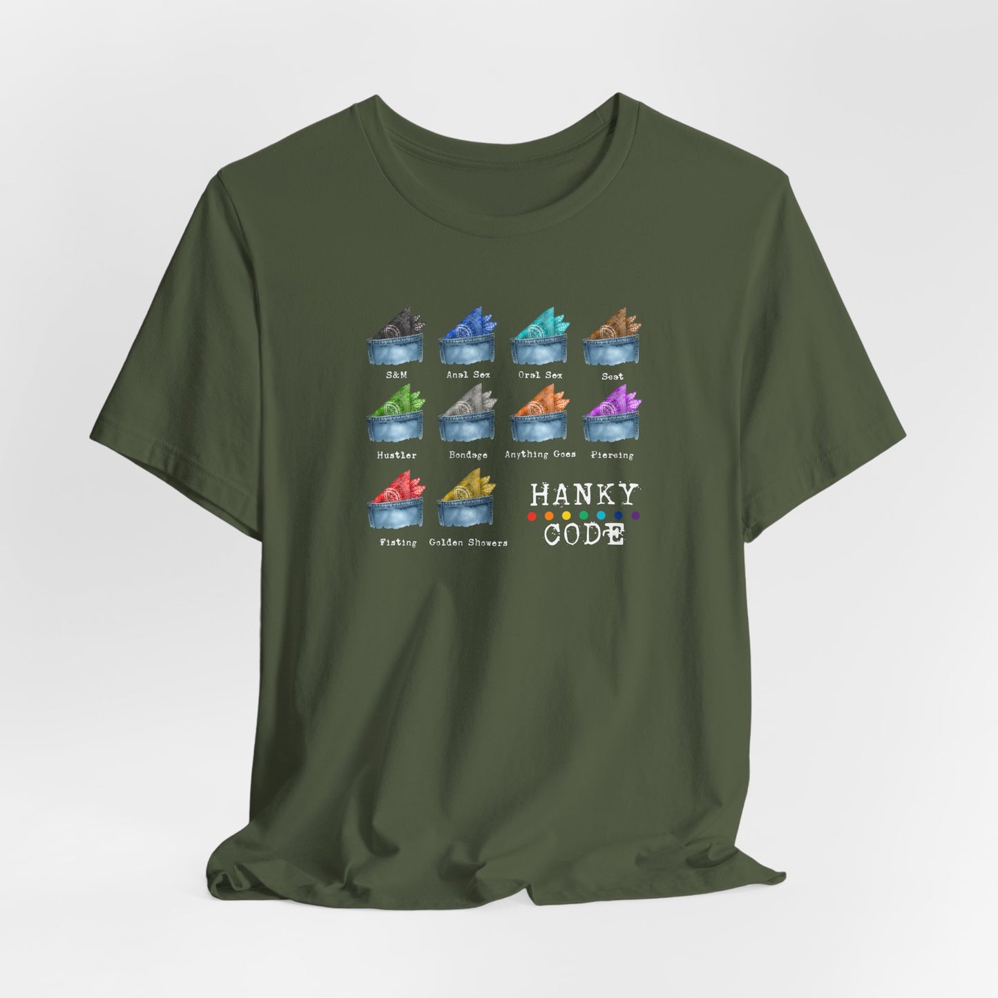 Green t-shirt with a selection of small graphic images of pockets with a paisley print hankies tucked inside. it features the LGBT rainbow colours and the words Hanky Code