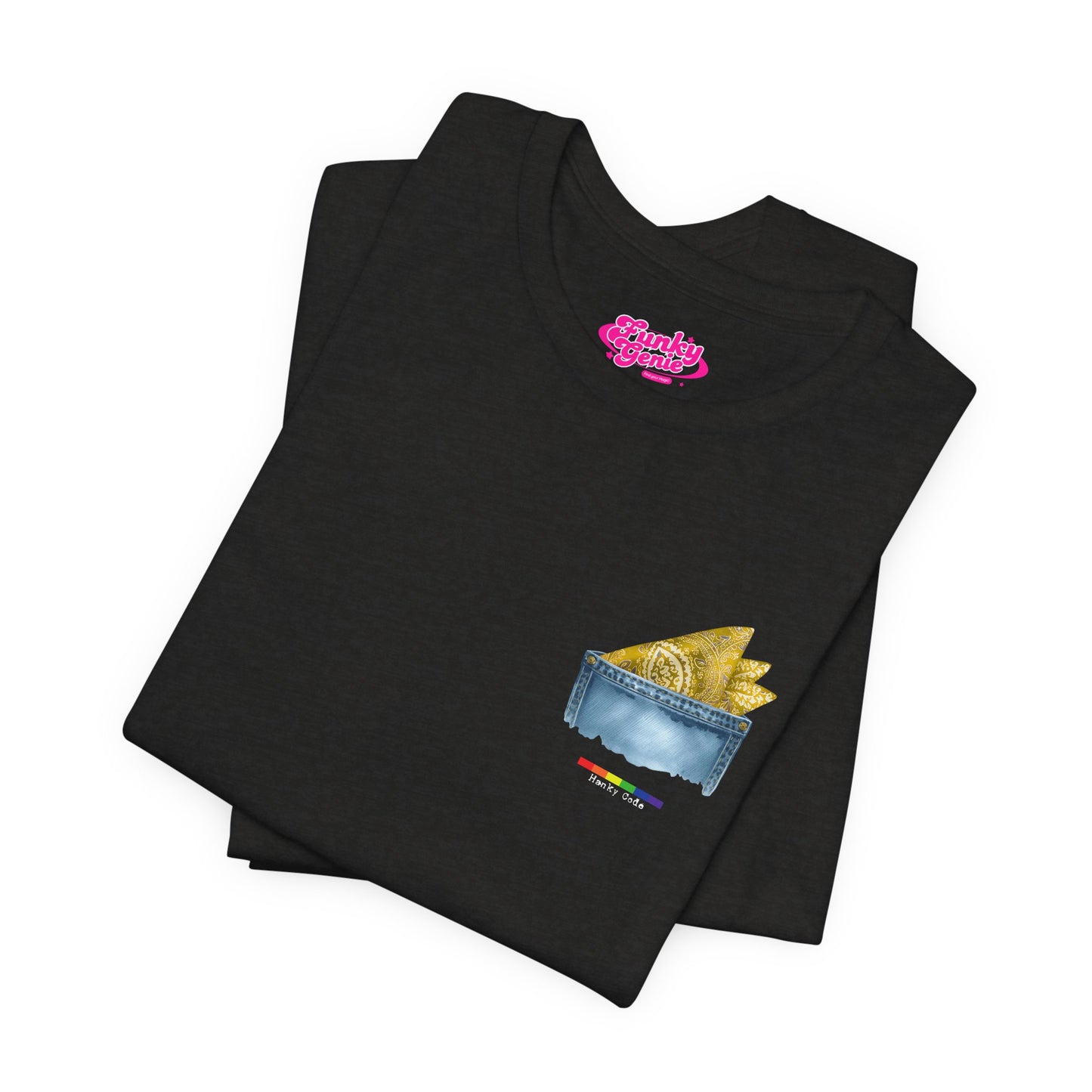 Black t-shirt with a small graphic of a pocket with a paisley print hanky tucked inside. it features the LGBT rainbow colours and the words Hanky Code
