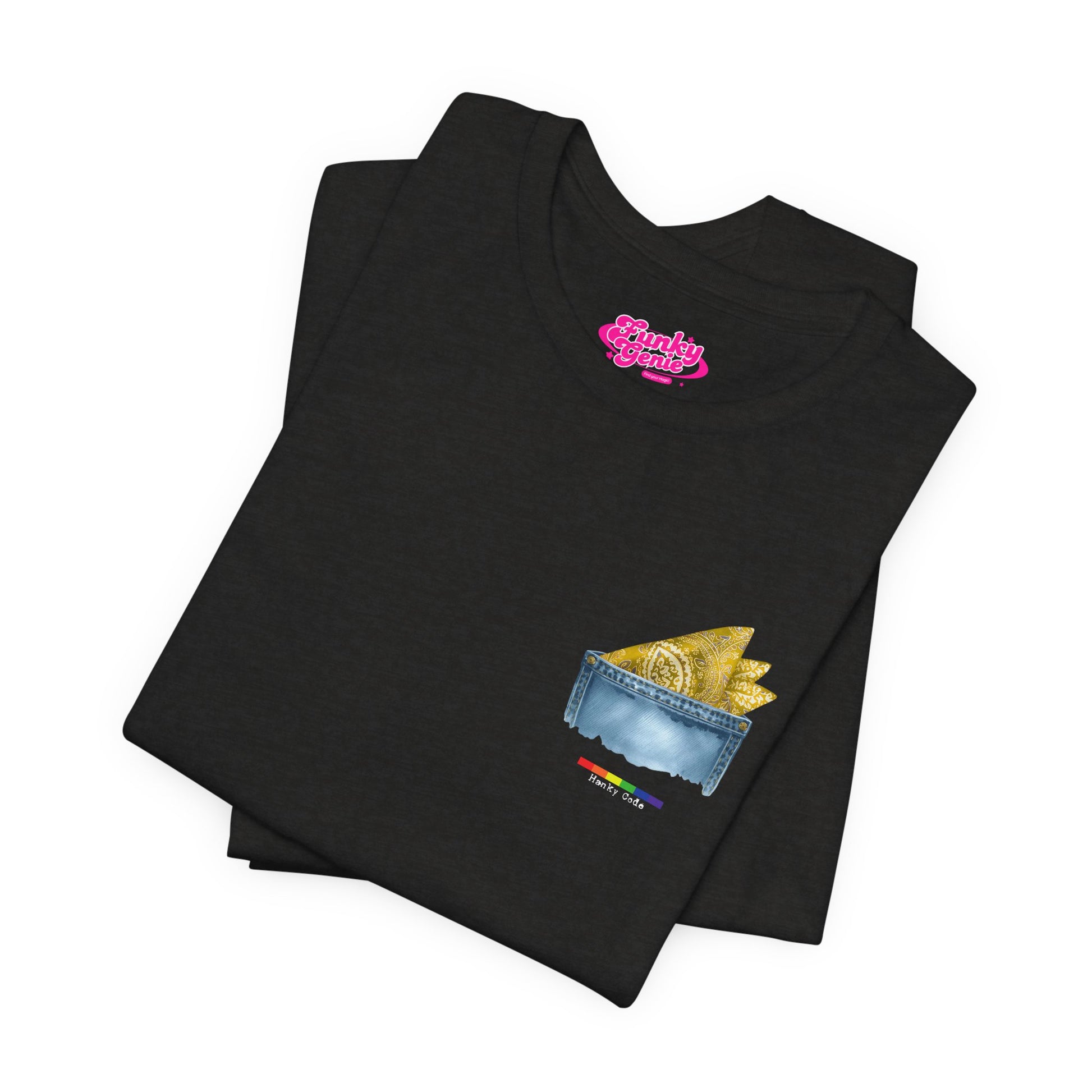 Black t-shirt with a small graphic of a pocket with a paisley print hanky tucked inside. it features the LGBT rainbow colours and the words Hanky Code