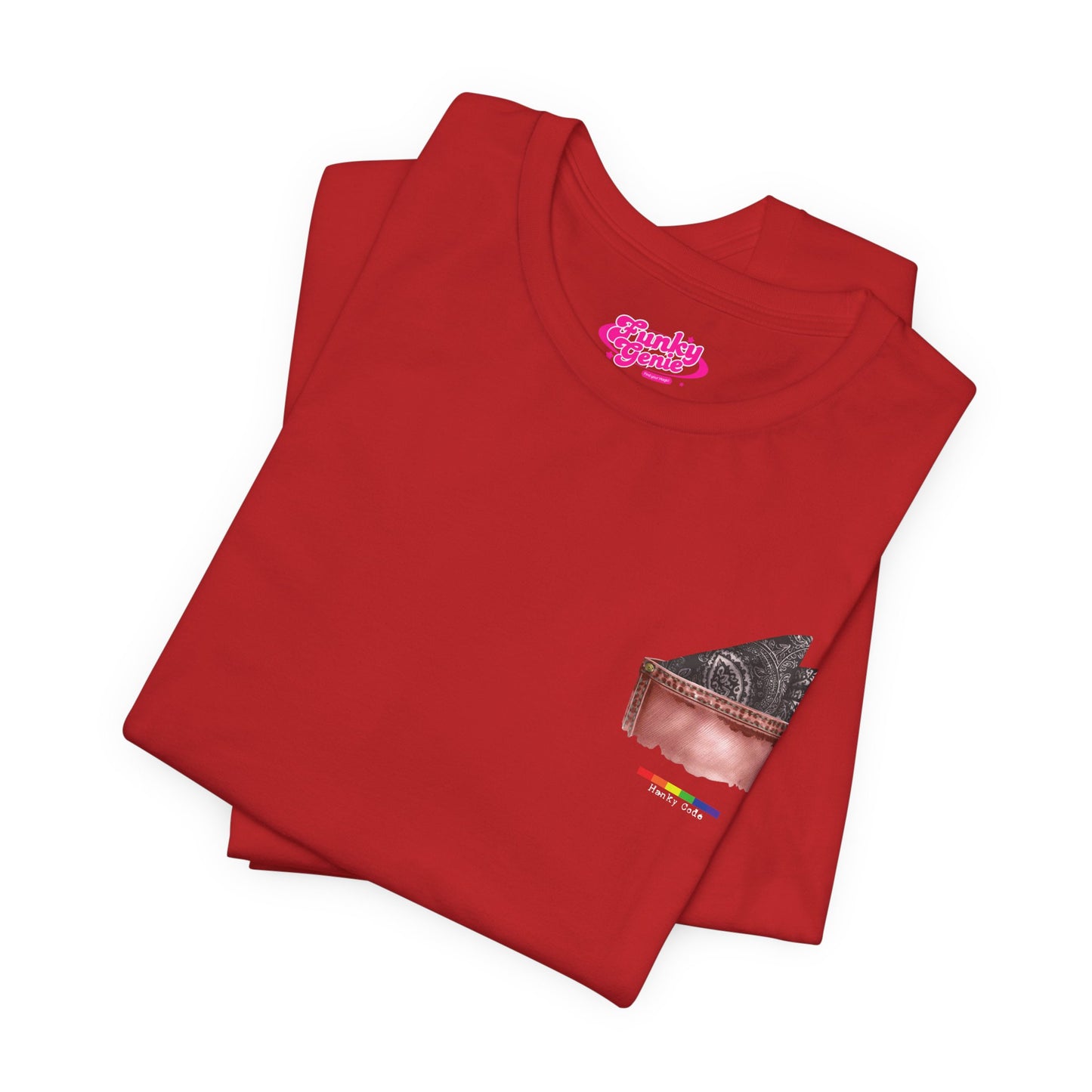 Red t-shirt with a small graphic of a pocket with a paisley print hanky tucked inside. it features the LGBT rainbow colours and the words Hanky Code