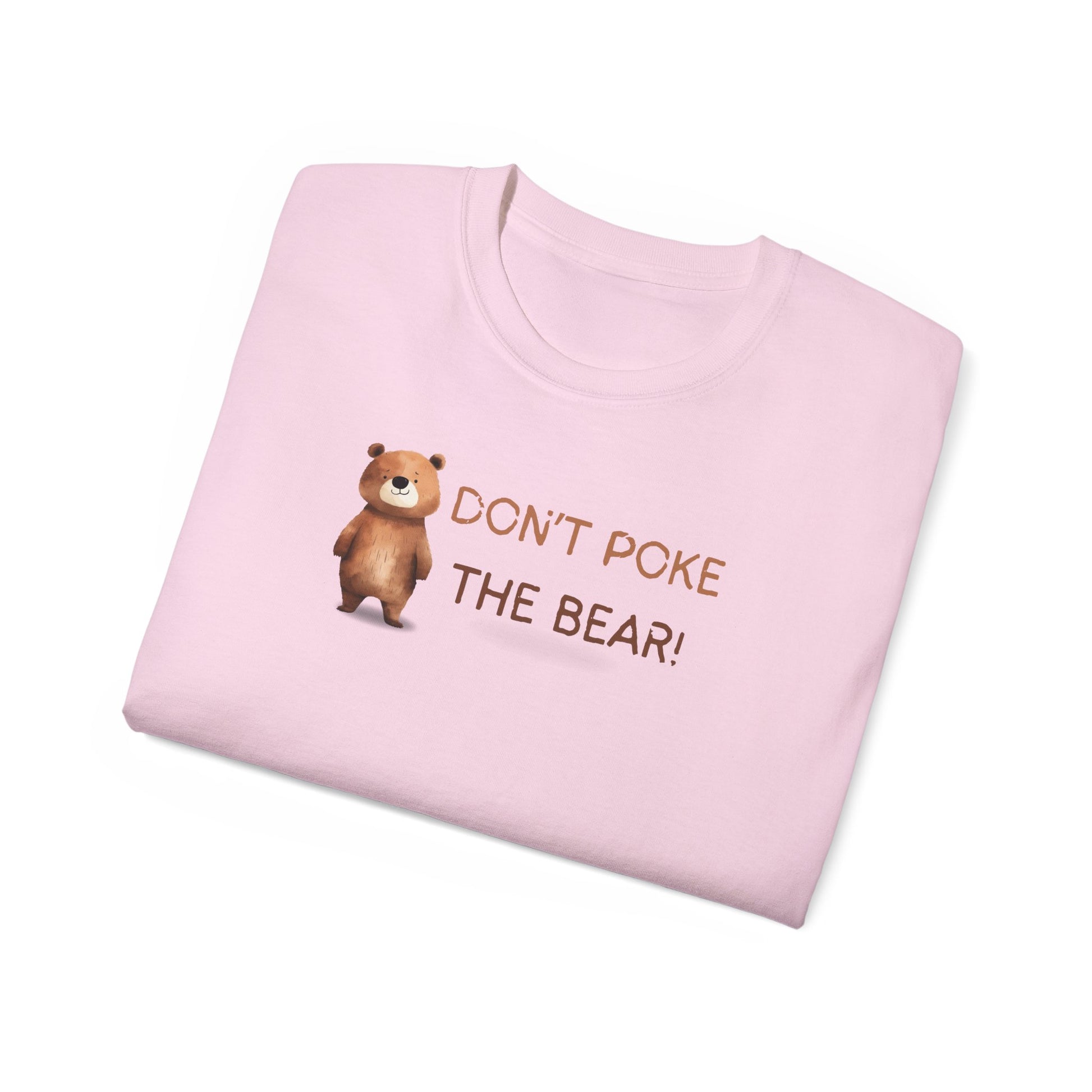 Pink sweatshirt with a bear graphic and text on a white background