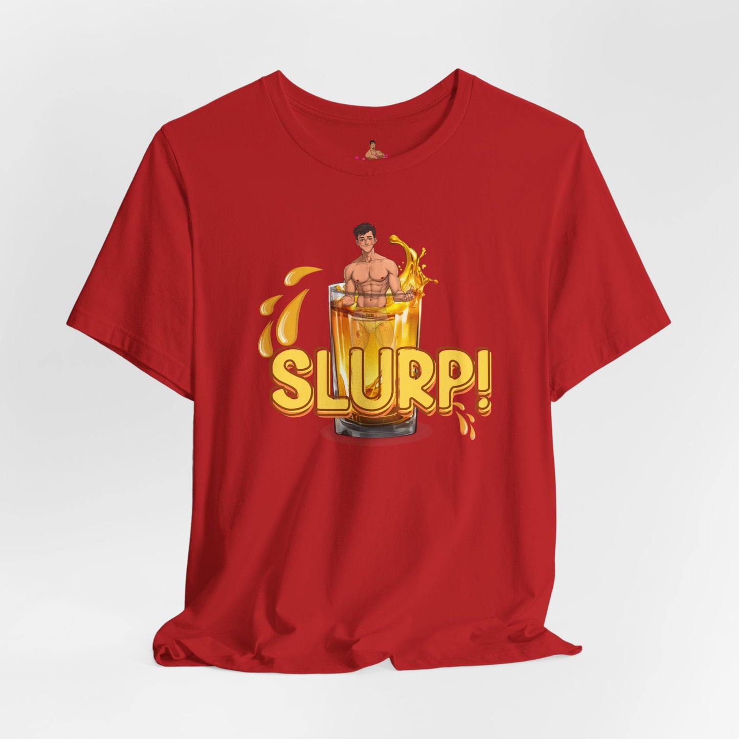 Red  t-shirt with a graphic design of a person inside  a glass of yellow liquid with 'SLURP!' text on a. Watersports, piss play, Kink, LGBTQIA+