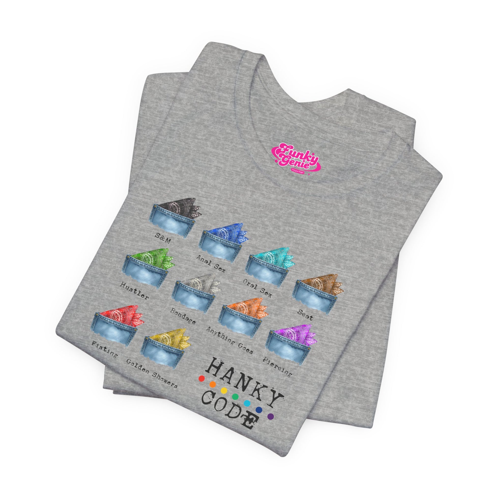 Grey t-shirt with a selection of small graphic images of pockets with a paisley print hankies tucked inside. it features the LGBT rainbow colours and the words Hanky Code