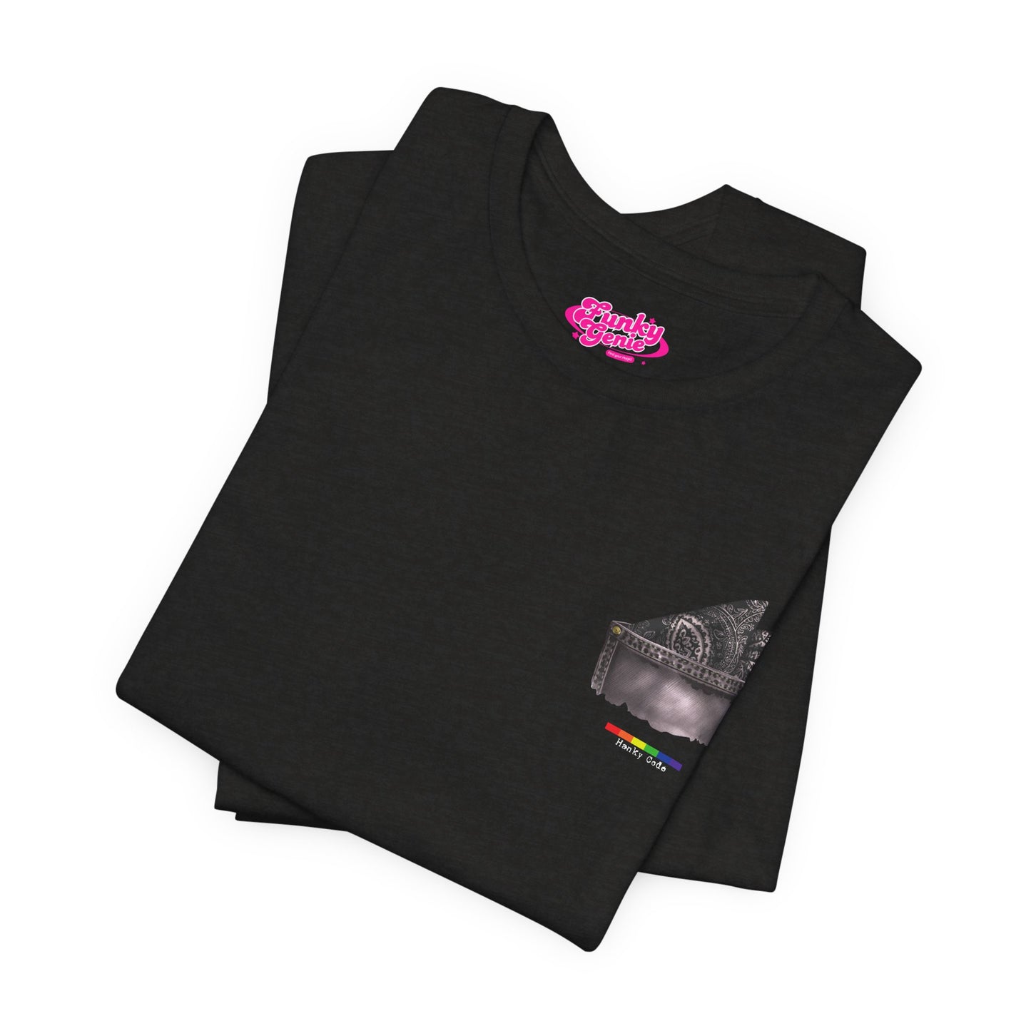 Black t-shirt with a small graphic of a pocket with a paisley print hanky tucked inside. it features the LGBT rainbow colours and the words Hanky Code
