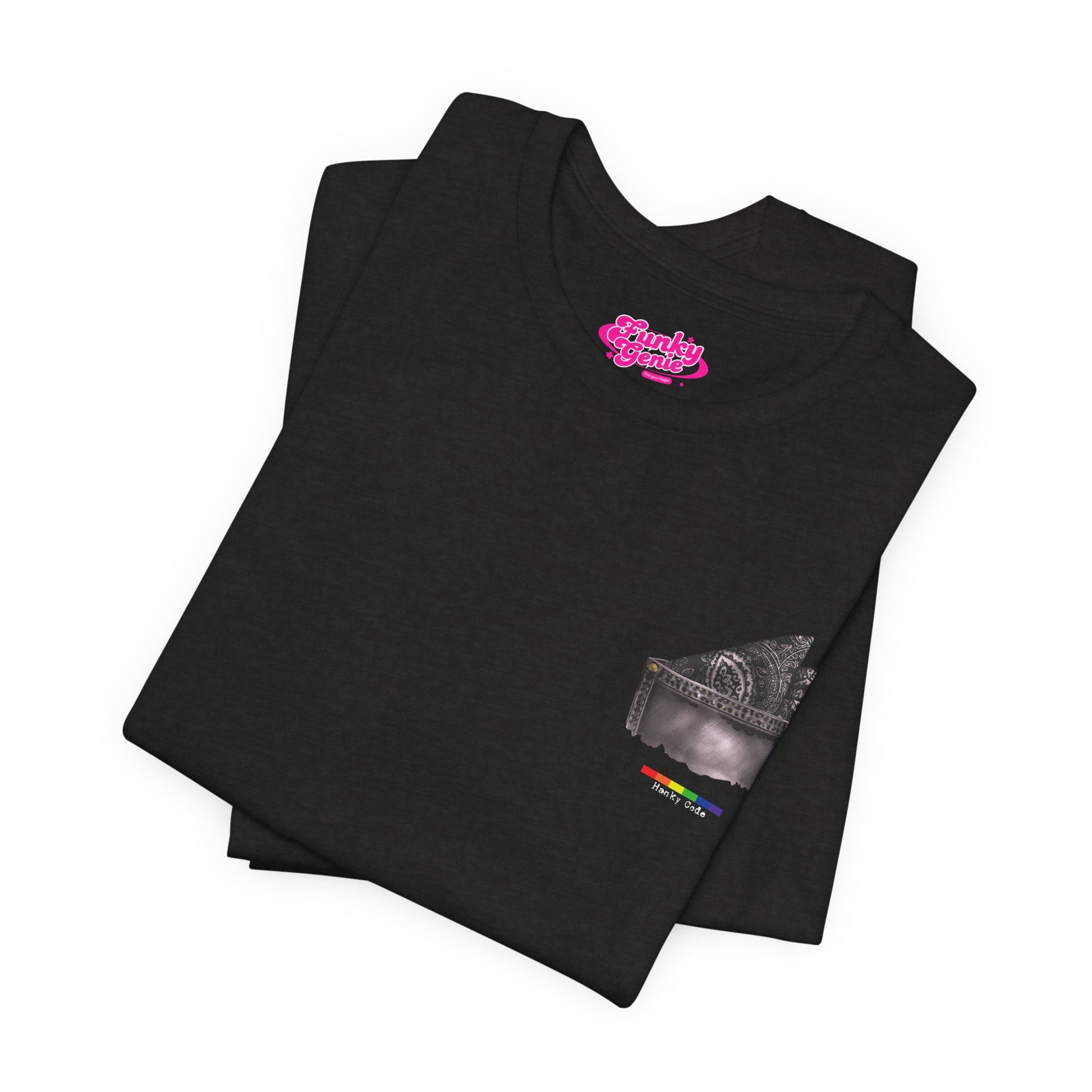 Black t-shirt with a small graphic of a pocket with a paisley print hanky tucked inside. it features the LGBT rainbow colours and the words Hanky Code