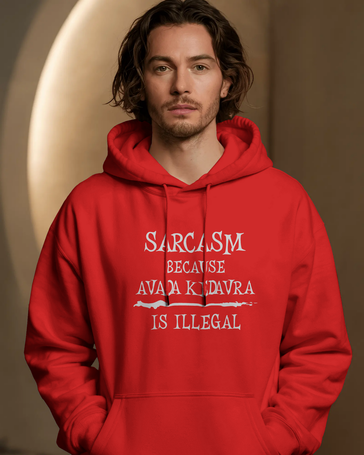 Person wearing a red hoodie with text on a brown background  Sarcasm, Sarcastic Humor, Harry Potter, potterhead, avada kedavra