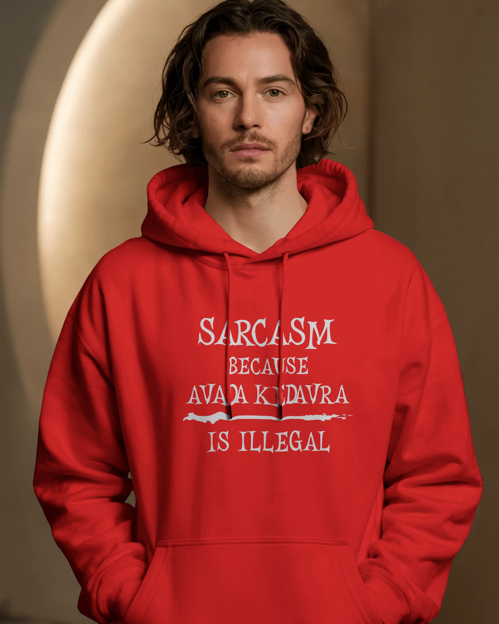 Person wearing a red hoodie with text on a brown background  Sarcasm, Sarcastic Humor, Harry Potter, potterhead, avada kedavra