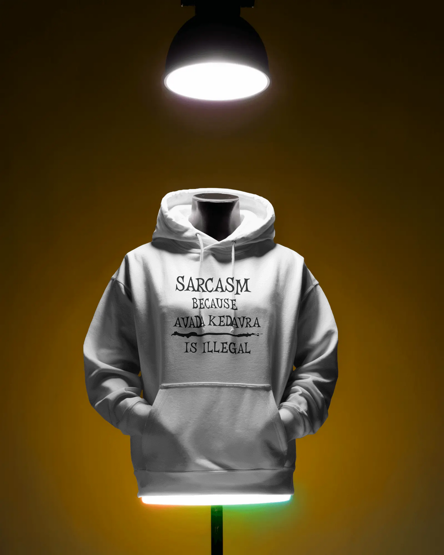 White hoodie with text under a spotlight on a dark background  Sarcasm, Sarcastic Humor, Harry Potter, potterhead, avada kedavra