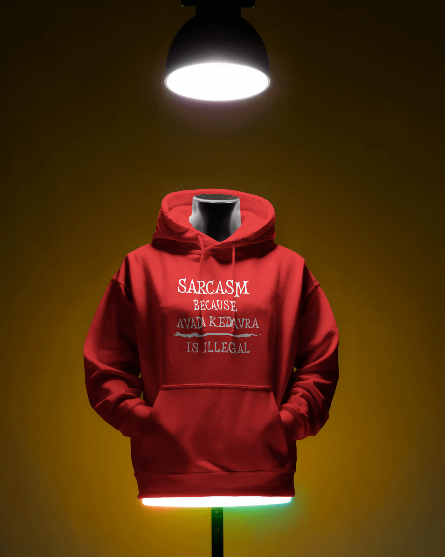 Red hoodie with text on a dark background  Sarcasm, Sarcastic Humor, Harry Potter, potterhead, avada kedavra