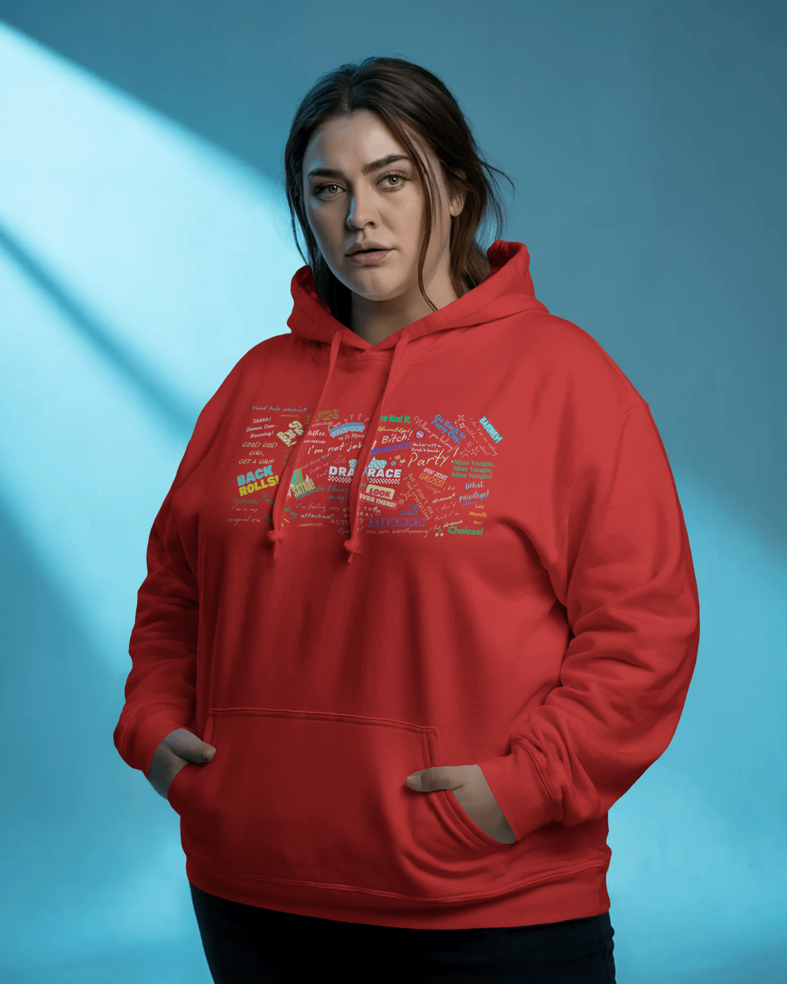 Person wearing a red hoodie with colorful graphics against a blue background  Drag race, Rupaul, Rupaul's Drag Race UK, LGBT, Queer Culture, Gay, Drag Queen
