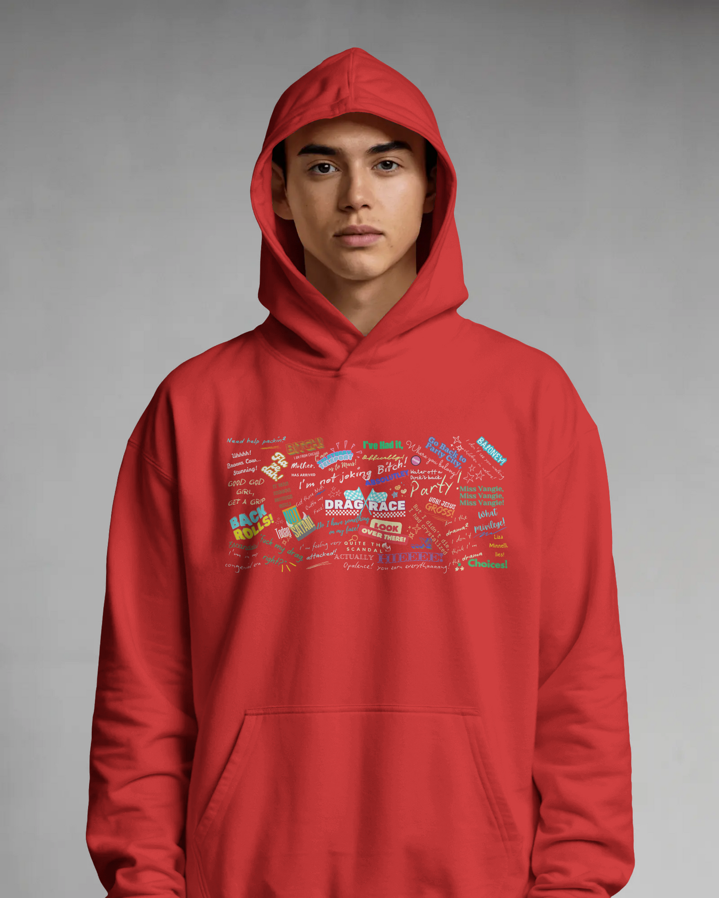 Person wearing a red hoodie with colorful text design on a gray background  Drag race, Rupaul, Rupaul's Drag Race UK, LGBT, Queer Culture, Gay, Drag Queen