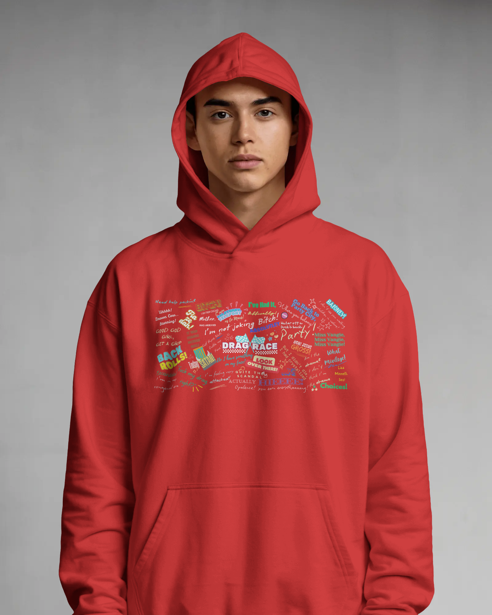 Person wearing a red hoodie with colorful text design on a gray background  Drag race, Rupaul, Rupaul's Drag Race UK, LGBT, Queer Culture, Gay, Drag Queen