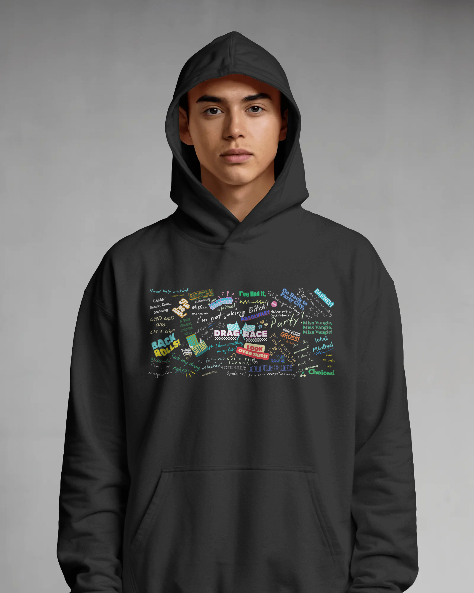 Person wearing a black hoodie with colorful text design on a gray backgrou  Drag race, Rupaul, Rupaul's Drag Race UK, LGBT, Queer Culture, Gay, Drag Queennd