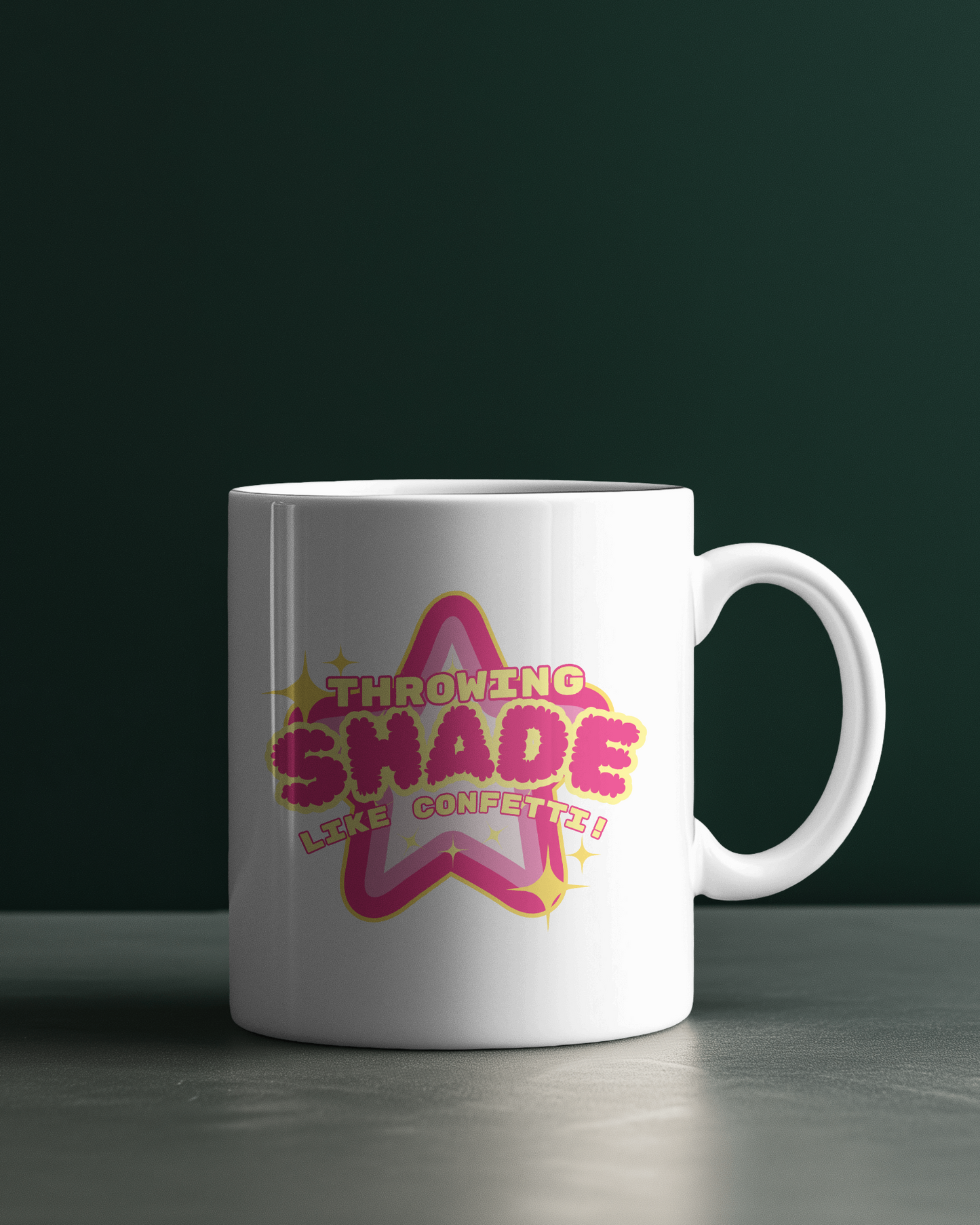 White mug with colorful text design on a dark background Throwing Shade, Shade, Queer Culture, LGBT, GAY