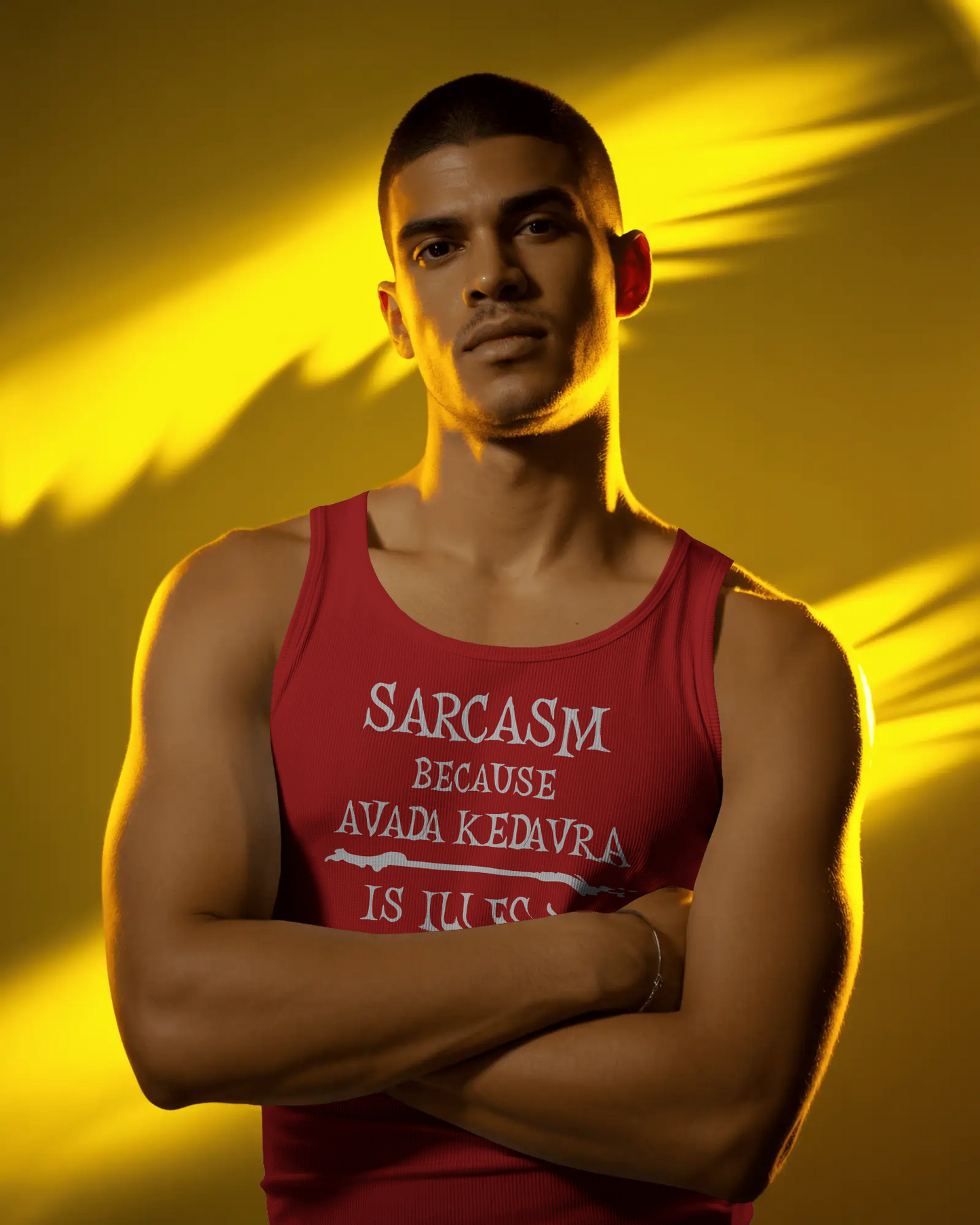 Man wearing a red tank top with text against a yellow background Sarcasm, Sarcastic Humor, Harry Potter, Potter head, Avada Kedavra