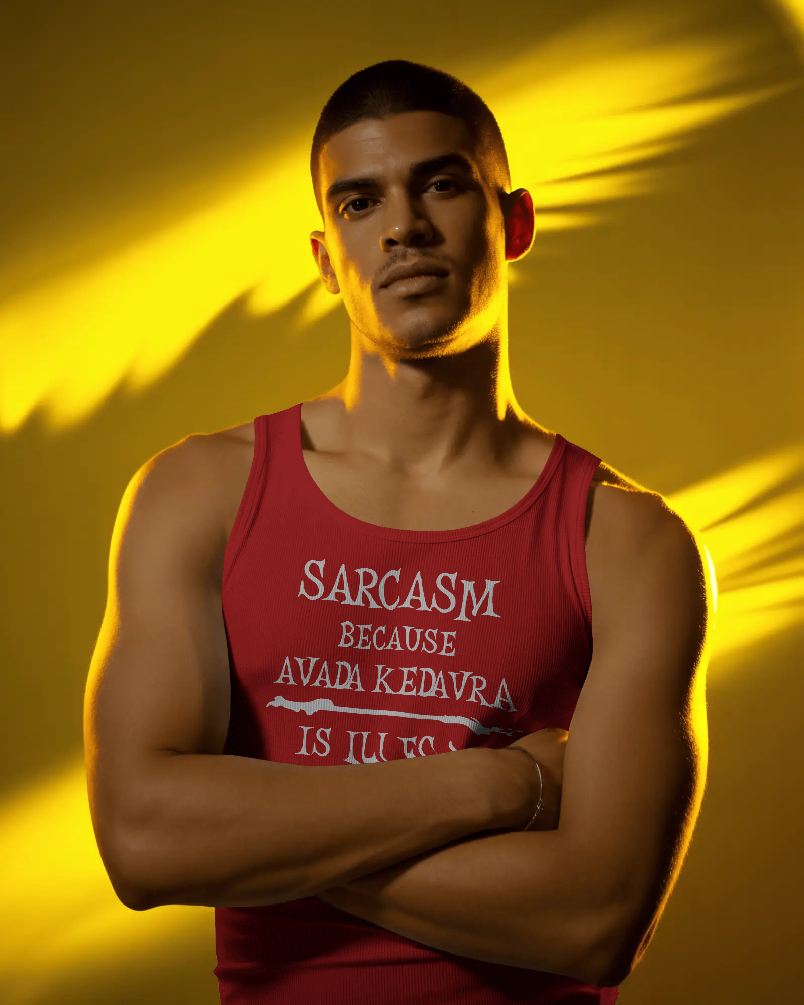 Man wearing a red tank top with text against a yellow background Sarcasm, Sarcastic Humor, Harry Potter, Potter head, Avada Kedavra