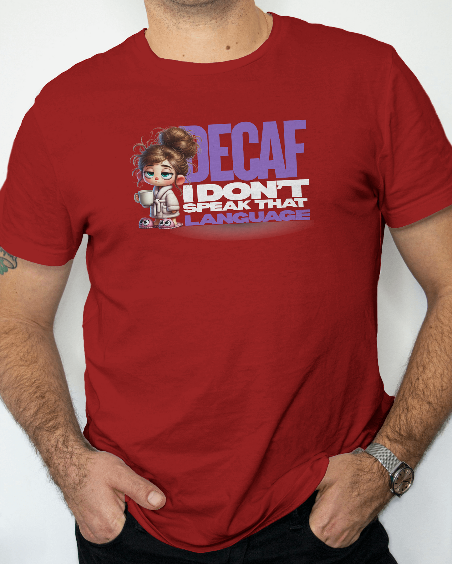 Red t-shirt with cartoon character and text on a white background