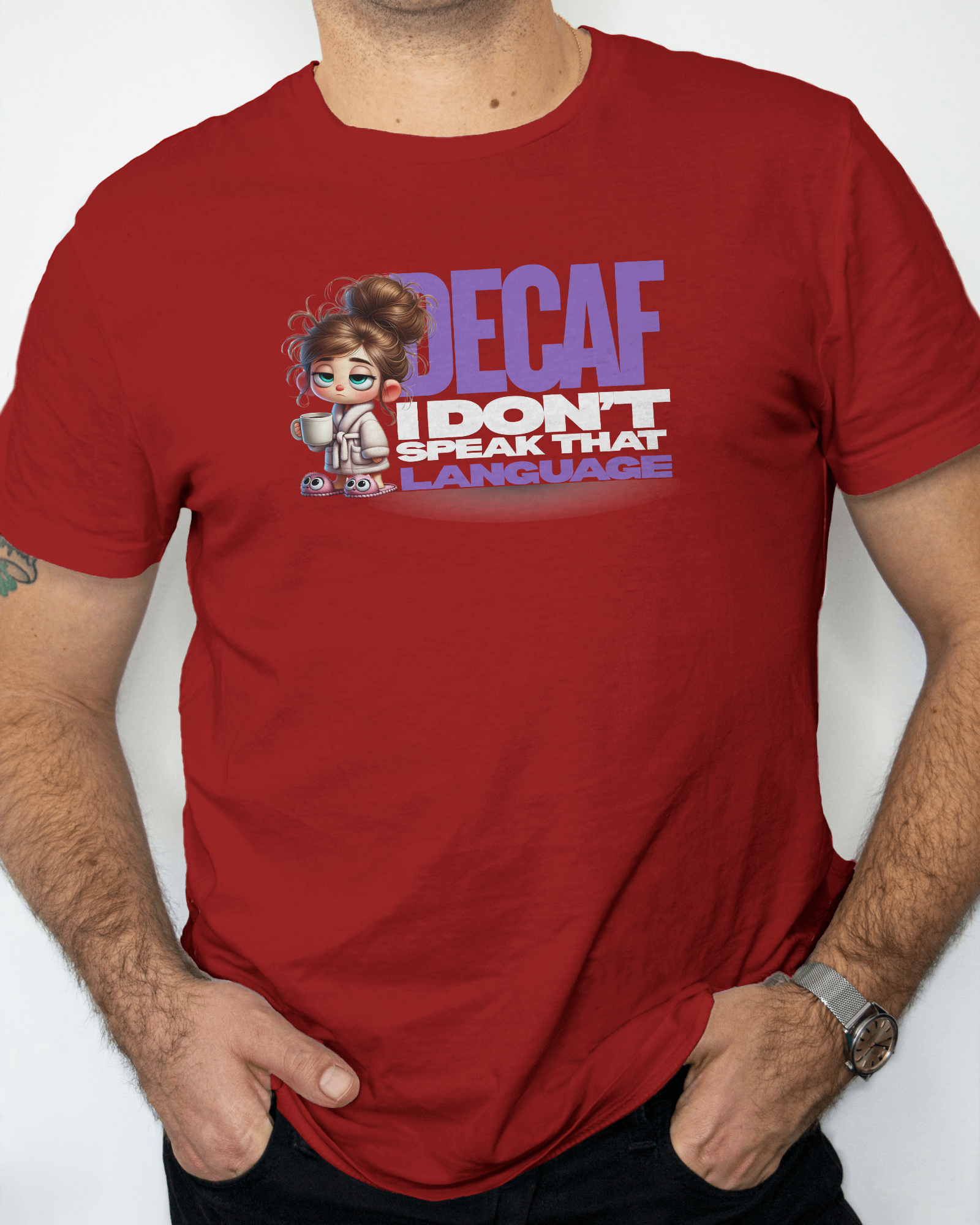 Red t-shirt with cartoon character and text on a white background