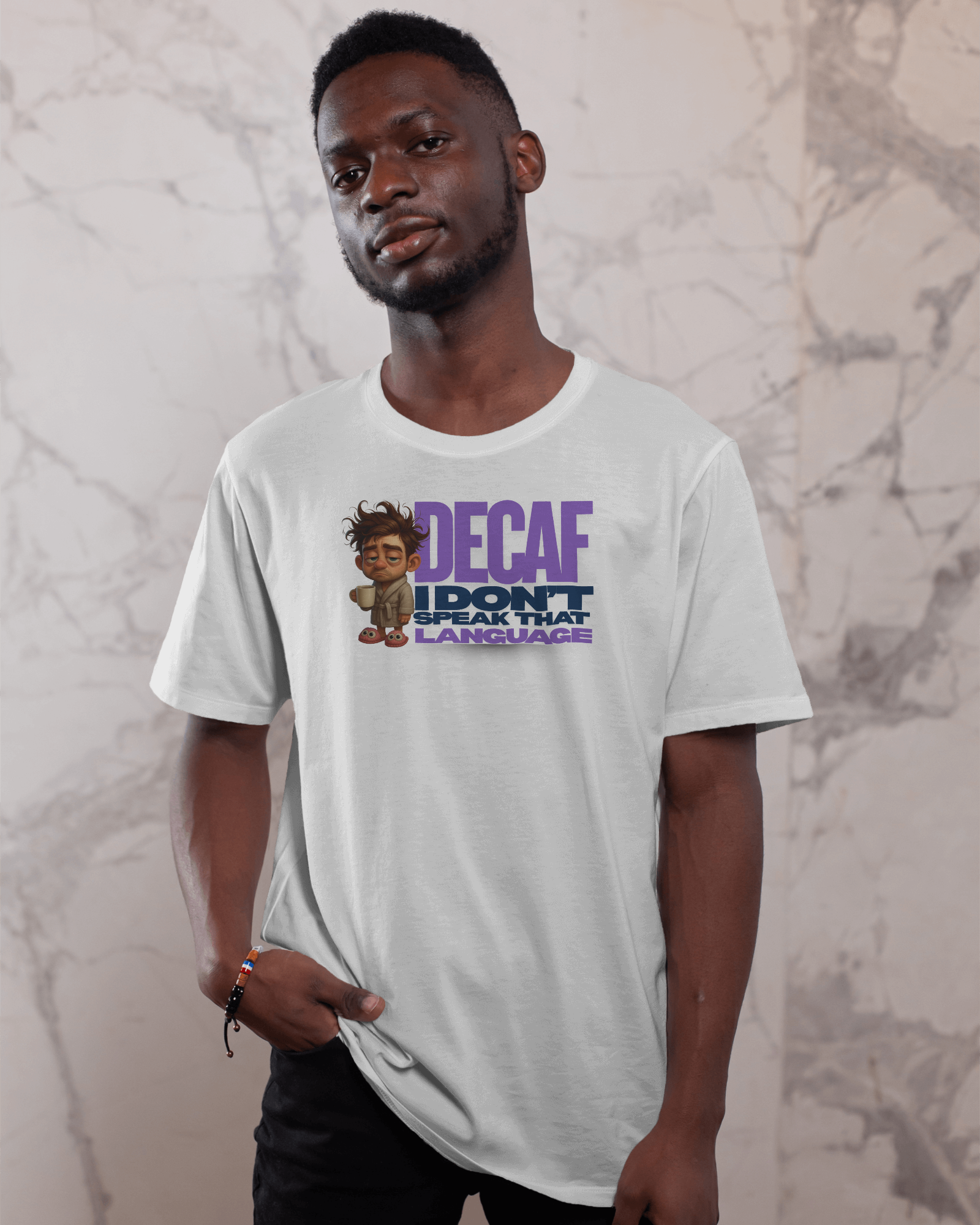Person wearing a white t-shirt with a graphic and text against a marble background