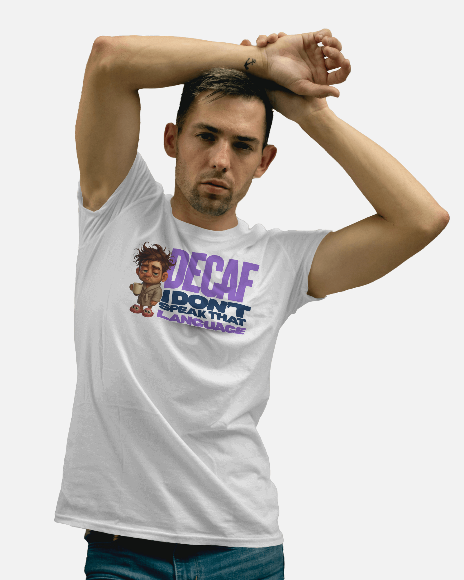 Man wearing a white t-shirt with a graphic and text, posing with arms raised.