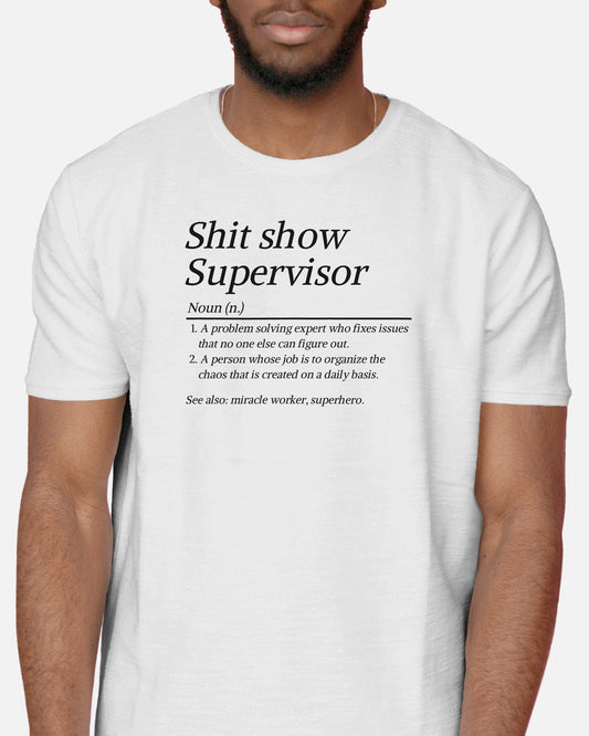 White t-shirt with black text worn by a person on a white background