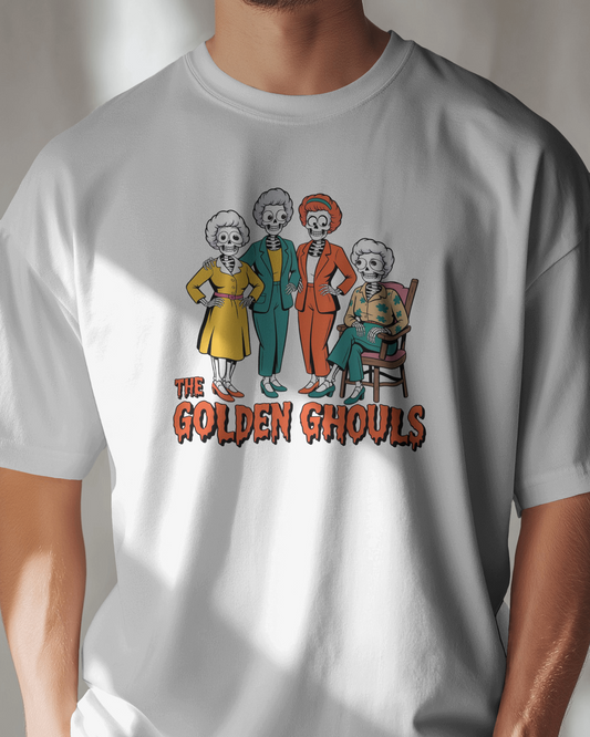 White t-shirt with 'The Golden Ghouls' graphic design on a plain background, Golden Girls, 80s TV, Halloween Tees