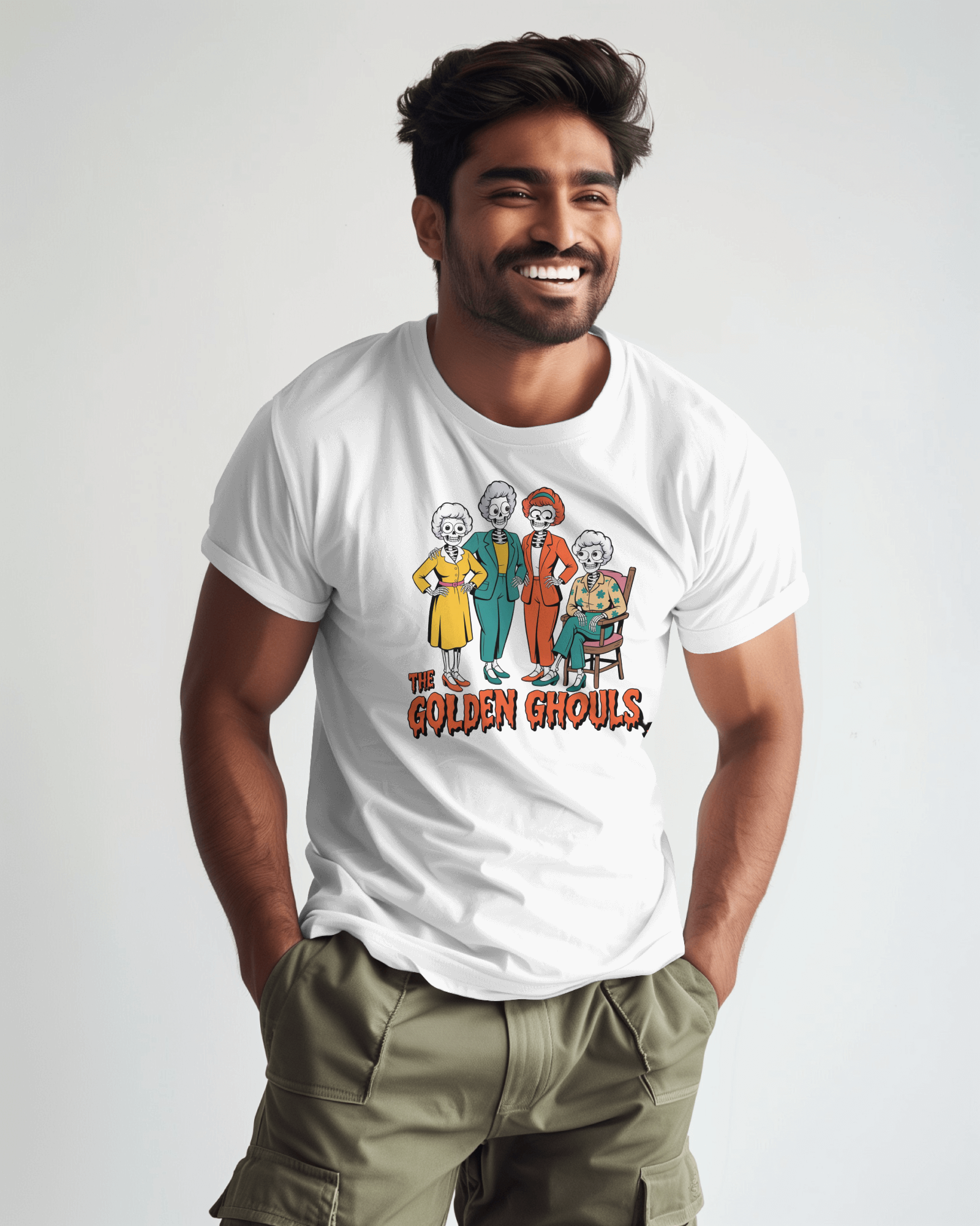 Man wearing a white t-shirt with 'The Golden Girls' graphic design on a plain background   Golden Girls, 80s TV, Halloween Tees