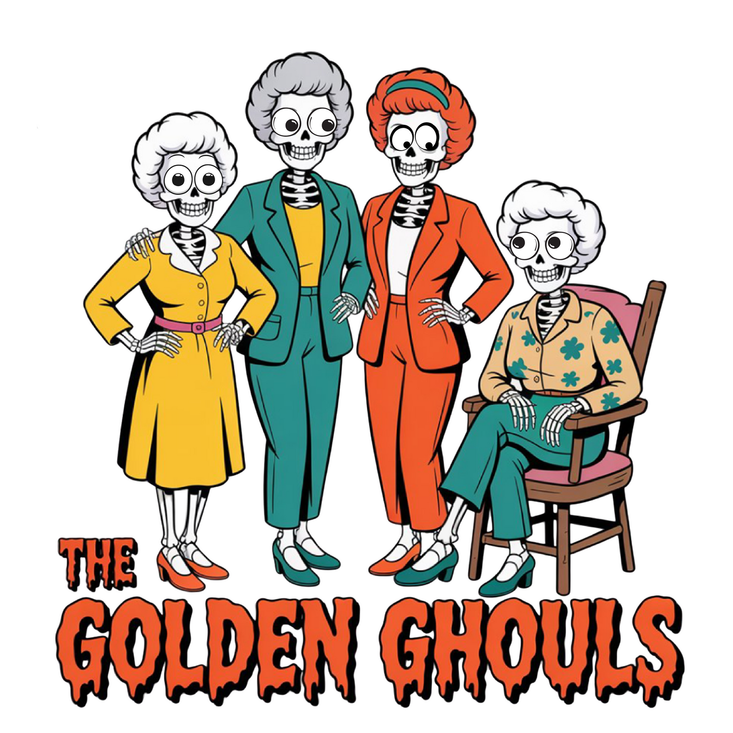 Cartoon characters dressed as elderly ladies with colorful outfits and 'The Golden Ghouls' text.   Golden Girls, 80s TV, Halloween Tees