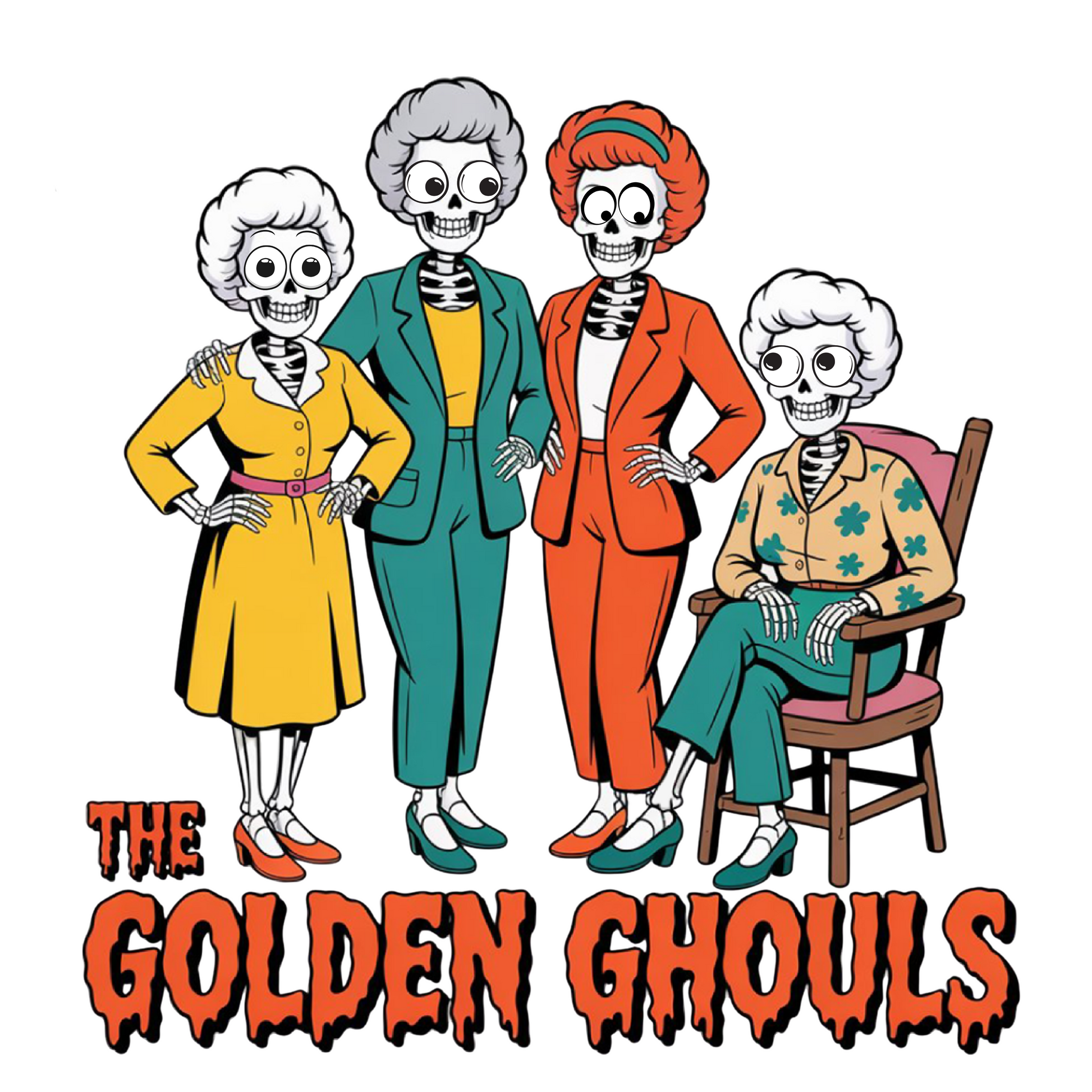 Cartoon characters dressed as elderly ladies with colorful outfits and 'The Golden Ghouls' text.   Golden Girls, 80s TV, Halloween Tees