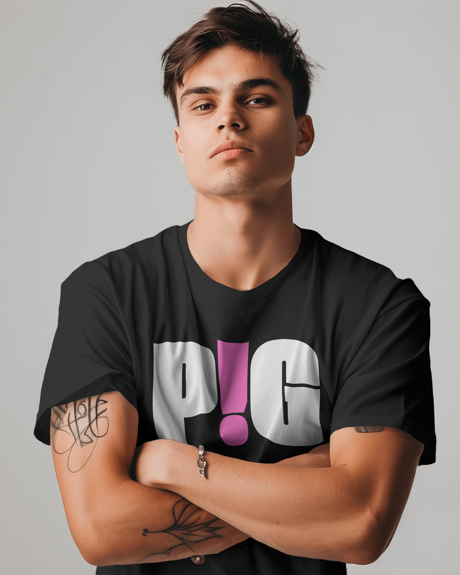 Man wearing a black t-shirt with colorful text design on a plain background Kink, LGBTQIA+, Queer Sub Dom Pig, Piggy