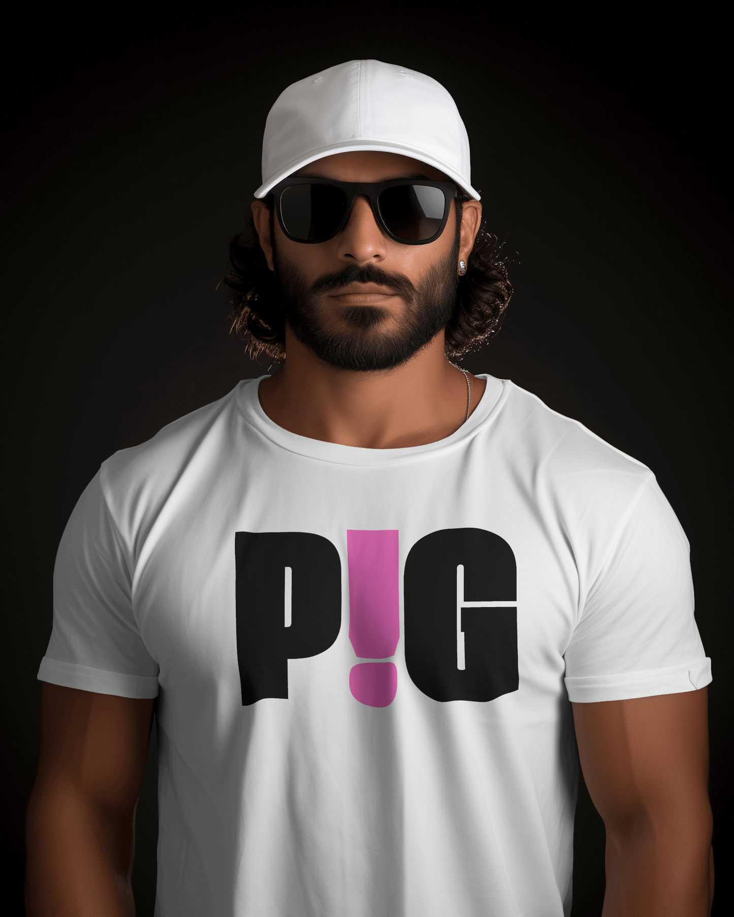 Man wearing a white t-shirt with a logo and text, against a dark background Kink, LGBTQIA+, Queer Sub Dom Pig, Piggy