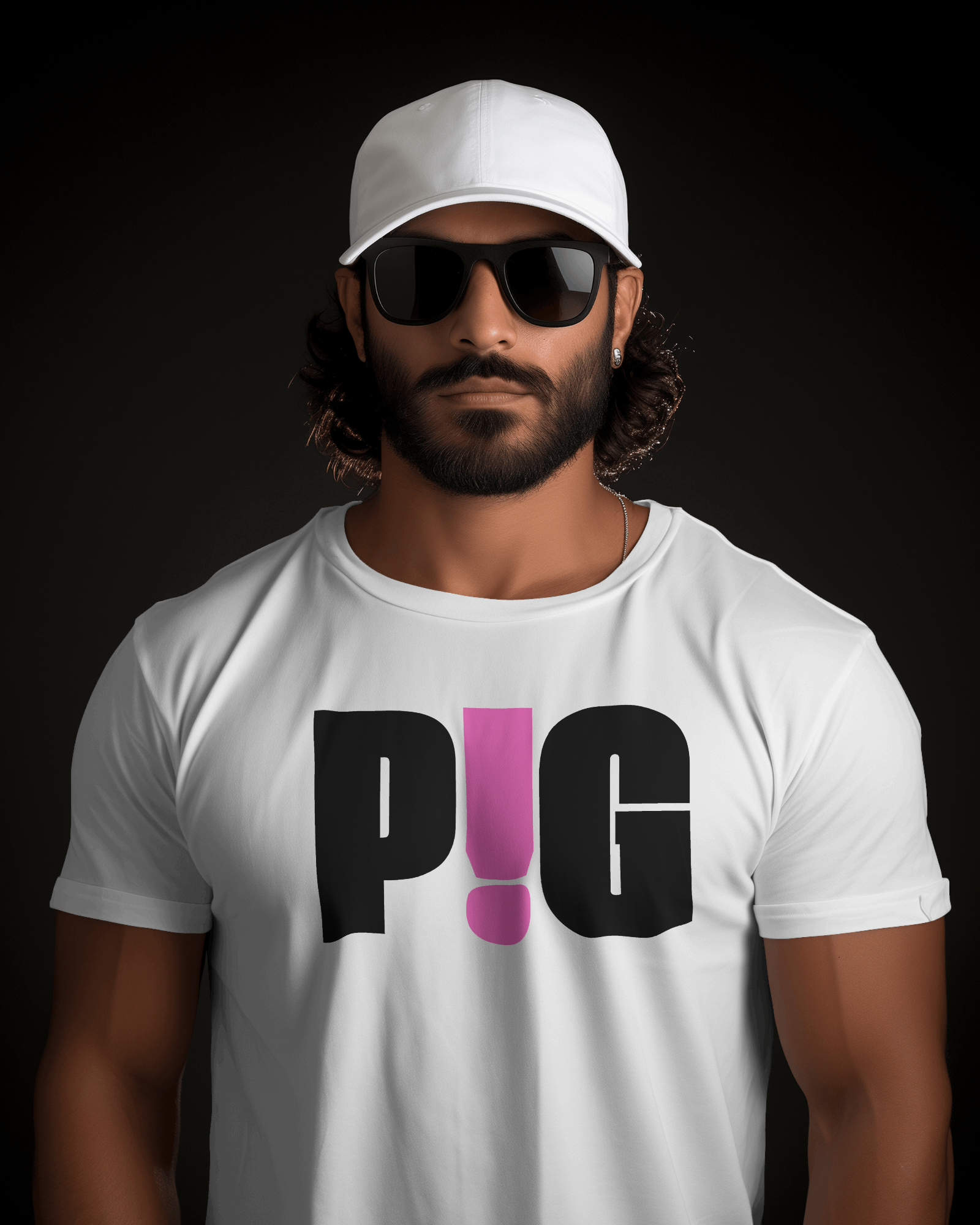 Man wearing a white t-shirt with a logo and text, against a dark background Kink, LGBTQIA+, Queer Sub Dom Pig, Piggy