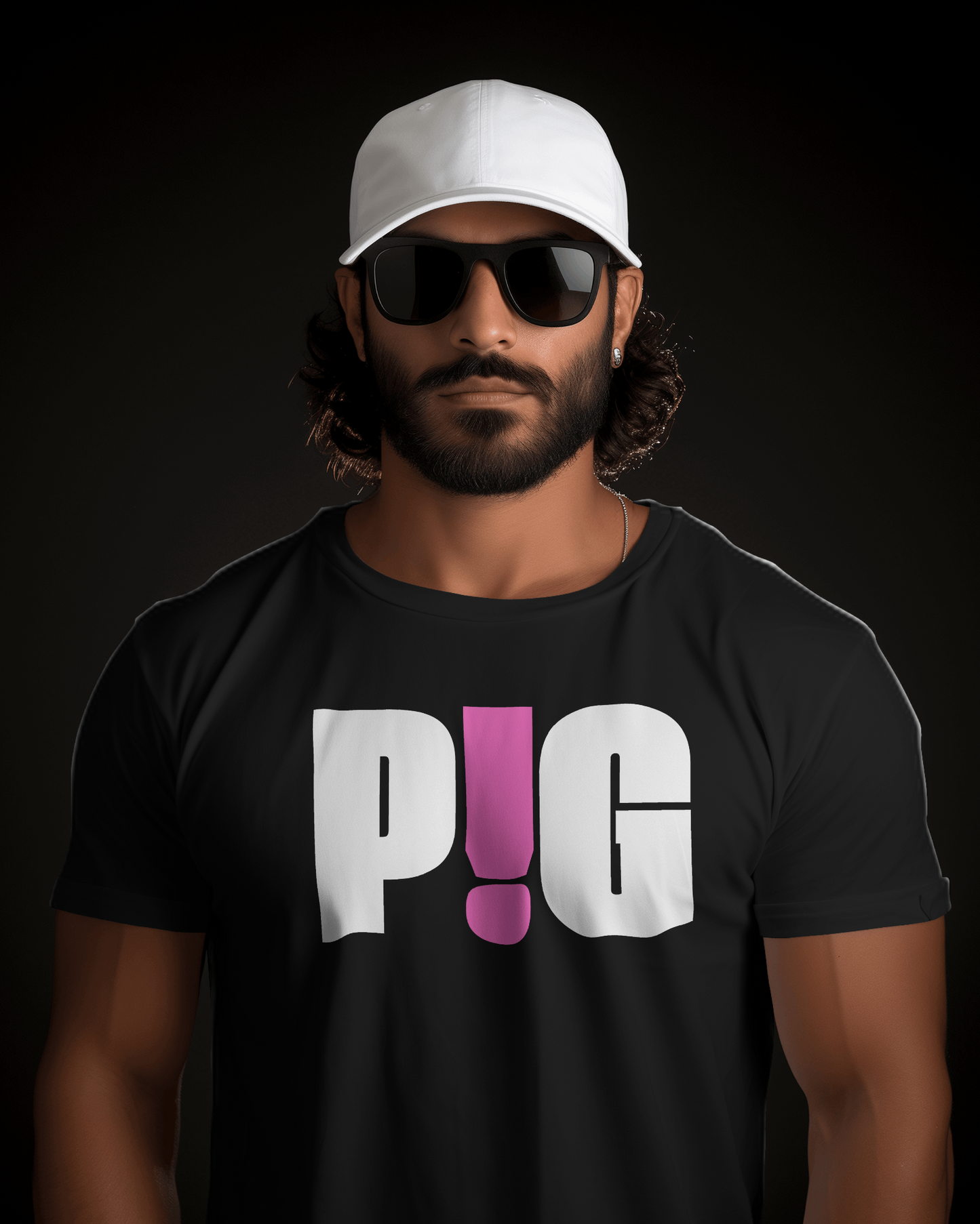 Man wearing a black t-shirt with 'PIG' logo, white cap, and sunglasses on a dark background Kink, LGBTQIA+, Queer Sub Dom Pig, Piggy