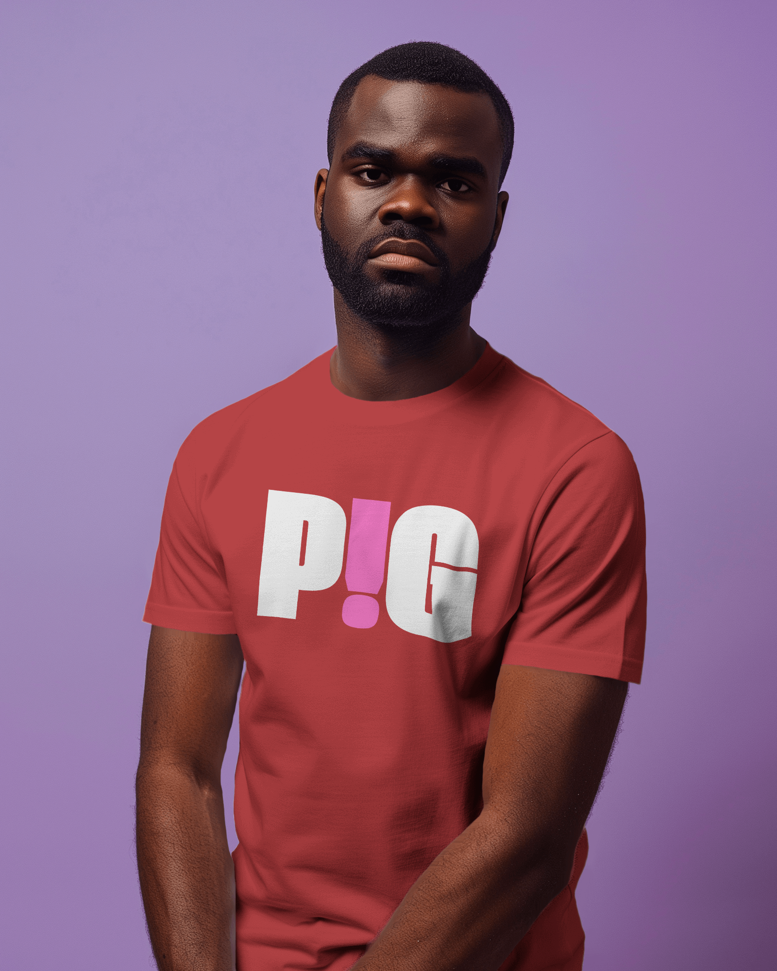 Man wearing a red t-shirt with a logo on a purple background  Kink, LGBTQIA+, Queer Sub Dom Pig, Piggy