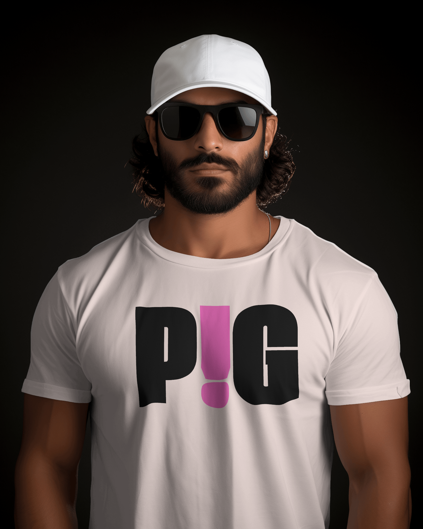 Man wearing a white t-shirt with 'PIG!' design on a black background Kink, LGBTQIA+, Queer Sub Dom Pig, Piggy
