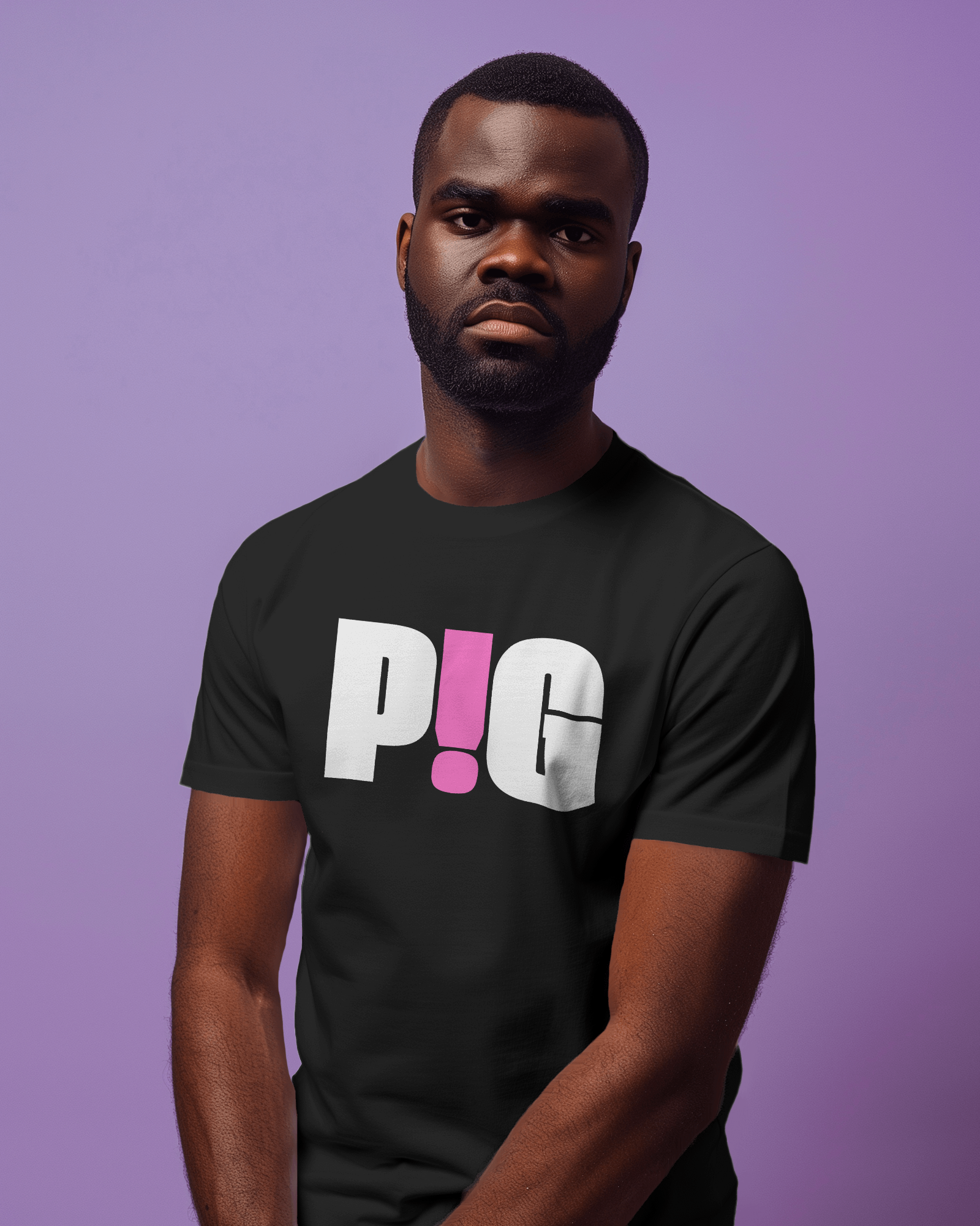 Man wearing a black t-shirt with 'P!G' logo against a purple background Kink, LGBTQIA+, Queer Sub Dom Pig, Piggy