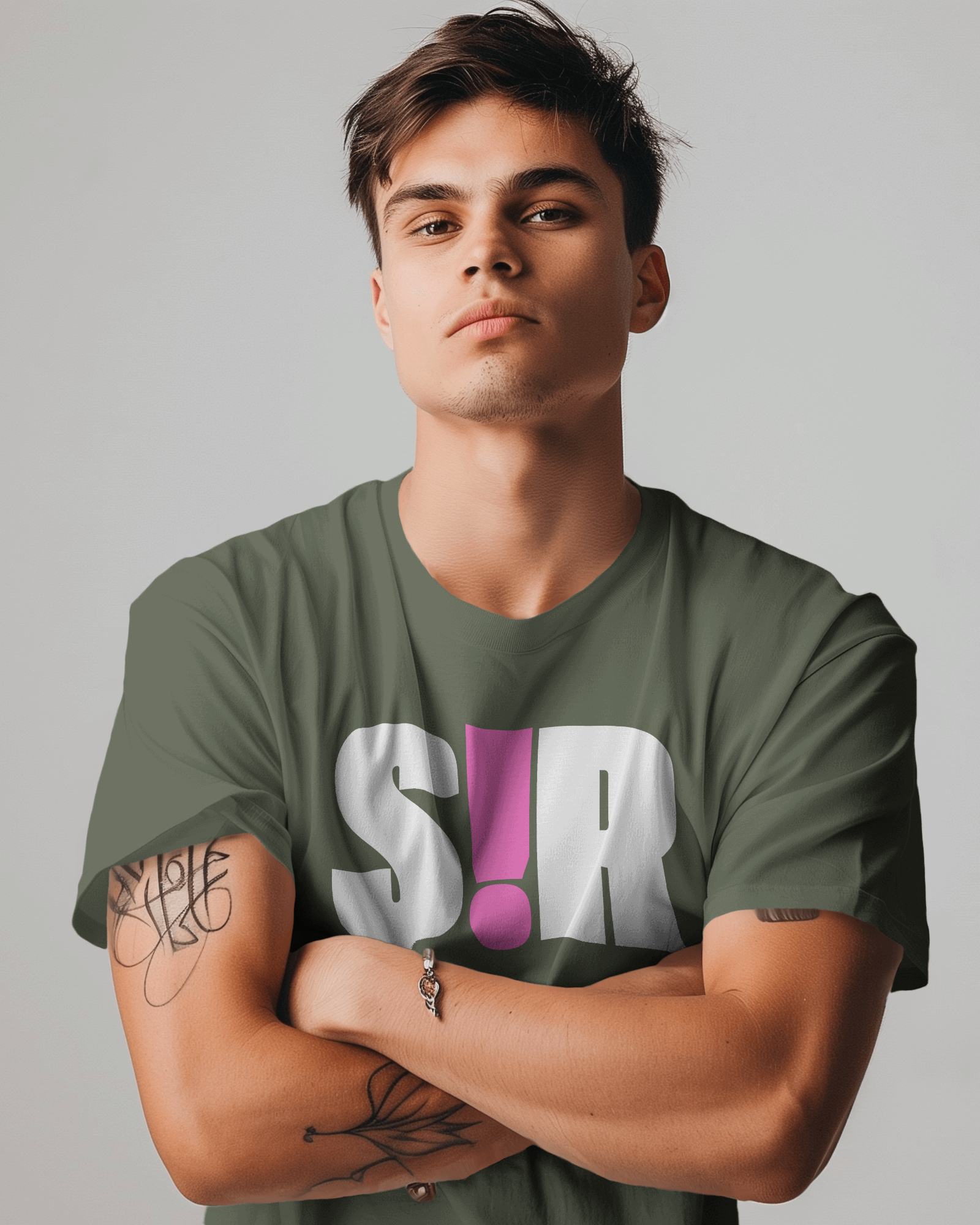 Man wearing a green t-shirt with a graphic design on a plain background Kink, LGBTQIA+, Queer Sub Dom