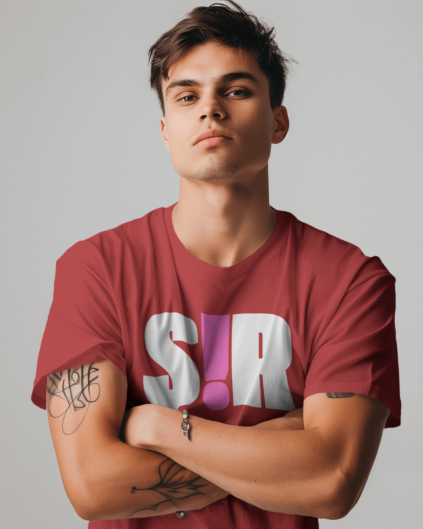 Man wearing a red t-shirt with a logo, standing against a plain background Kink, LGBTQIA+, Queer Sub Dom
