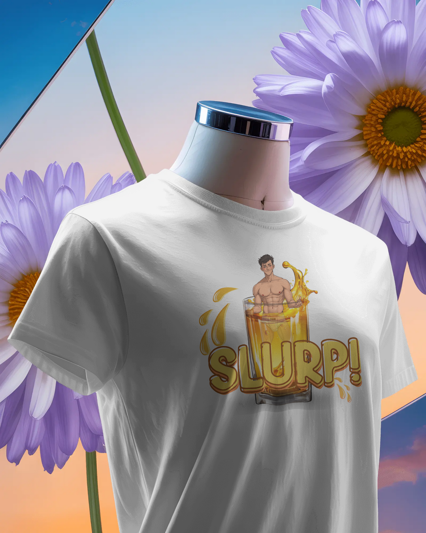 White t-shirt with 'SLURP!' graphic on a mannequin against a colorful floral background
