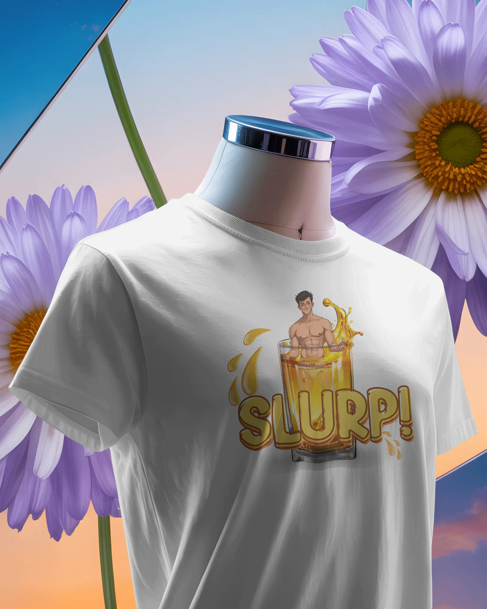 White t-shirt with 'SLURP!' graphic on a mannequin against a colorful floral background