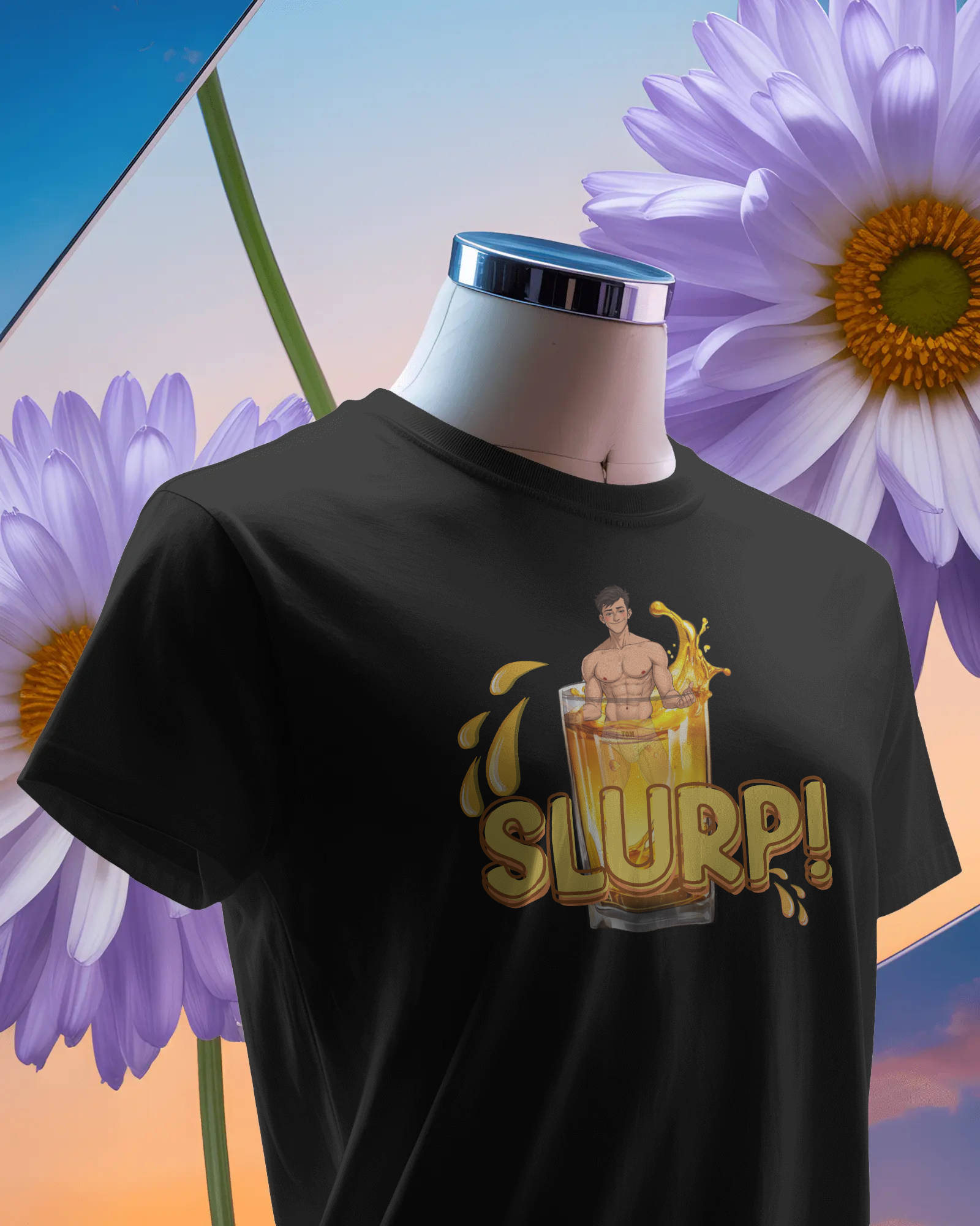 Black t-shirt with 'SLURP!' graphic on a mannequin against a colorful floral background Watersports, piss play, Kink, LGBTQIA+