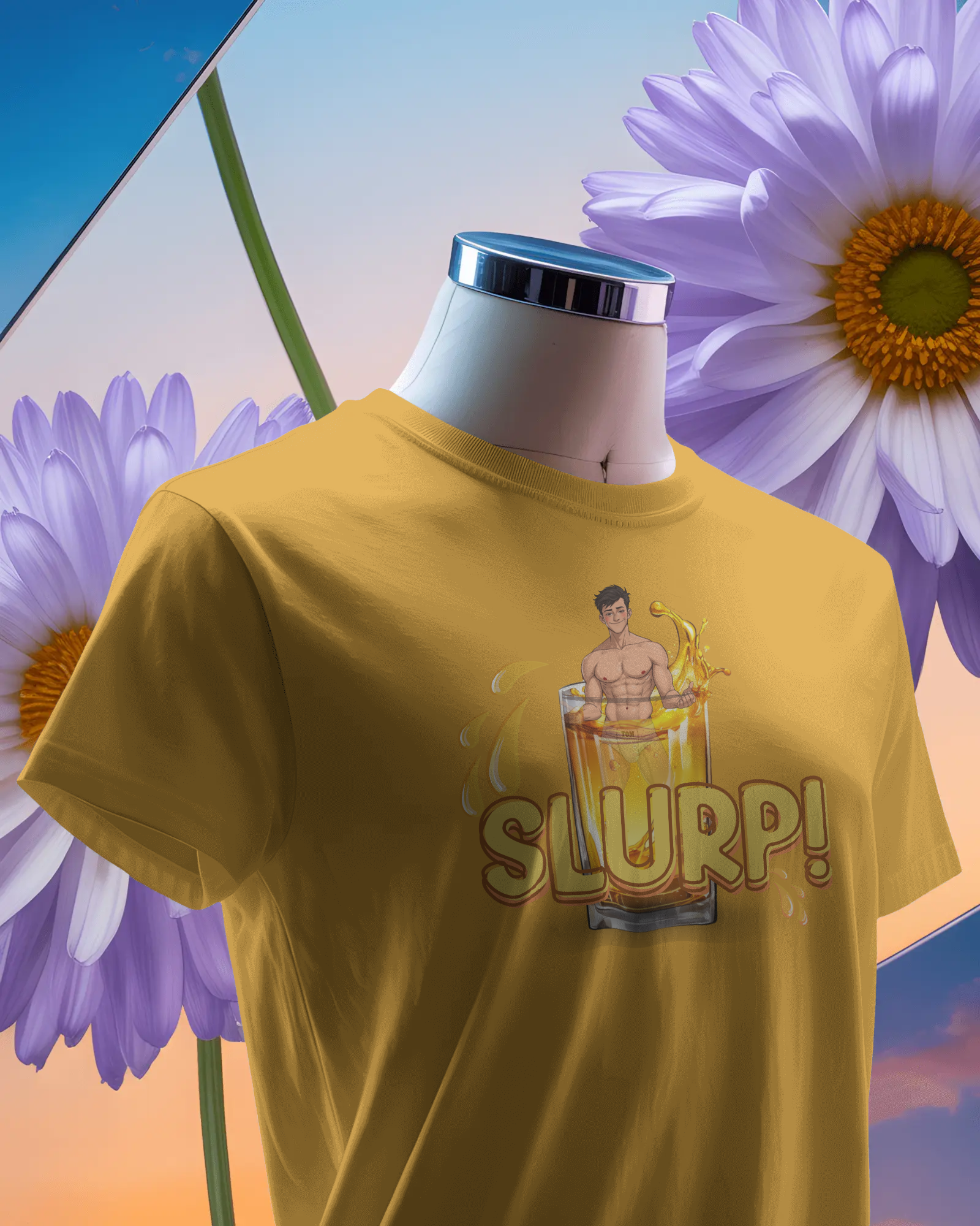 Yellow t-shirt with 'SLURP!' graphic on a mannequin against a floral background