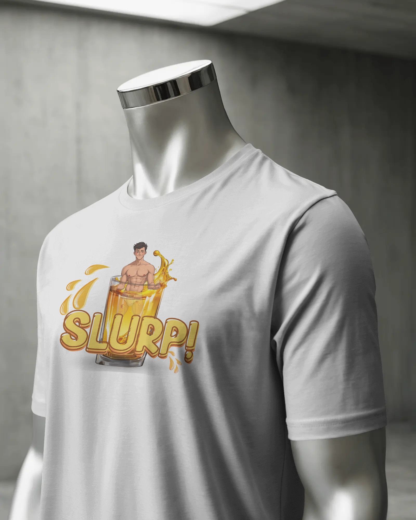 Mannequin wearing a white t-shirt with a graphic design and 'SLURP!' text.