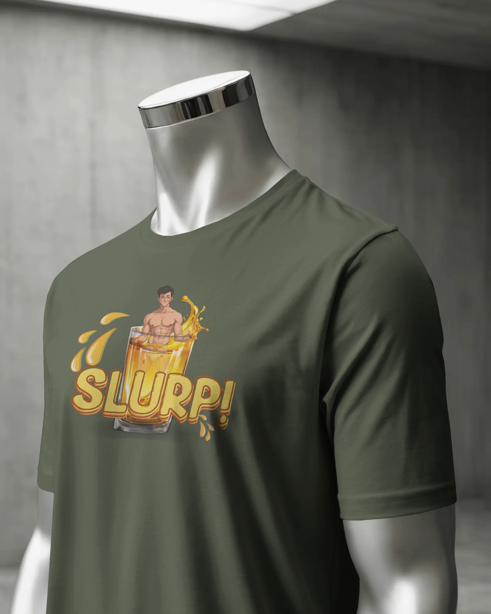 Green t-shirt with 'Slurp!' graphic on a mannequin against a gray background