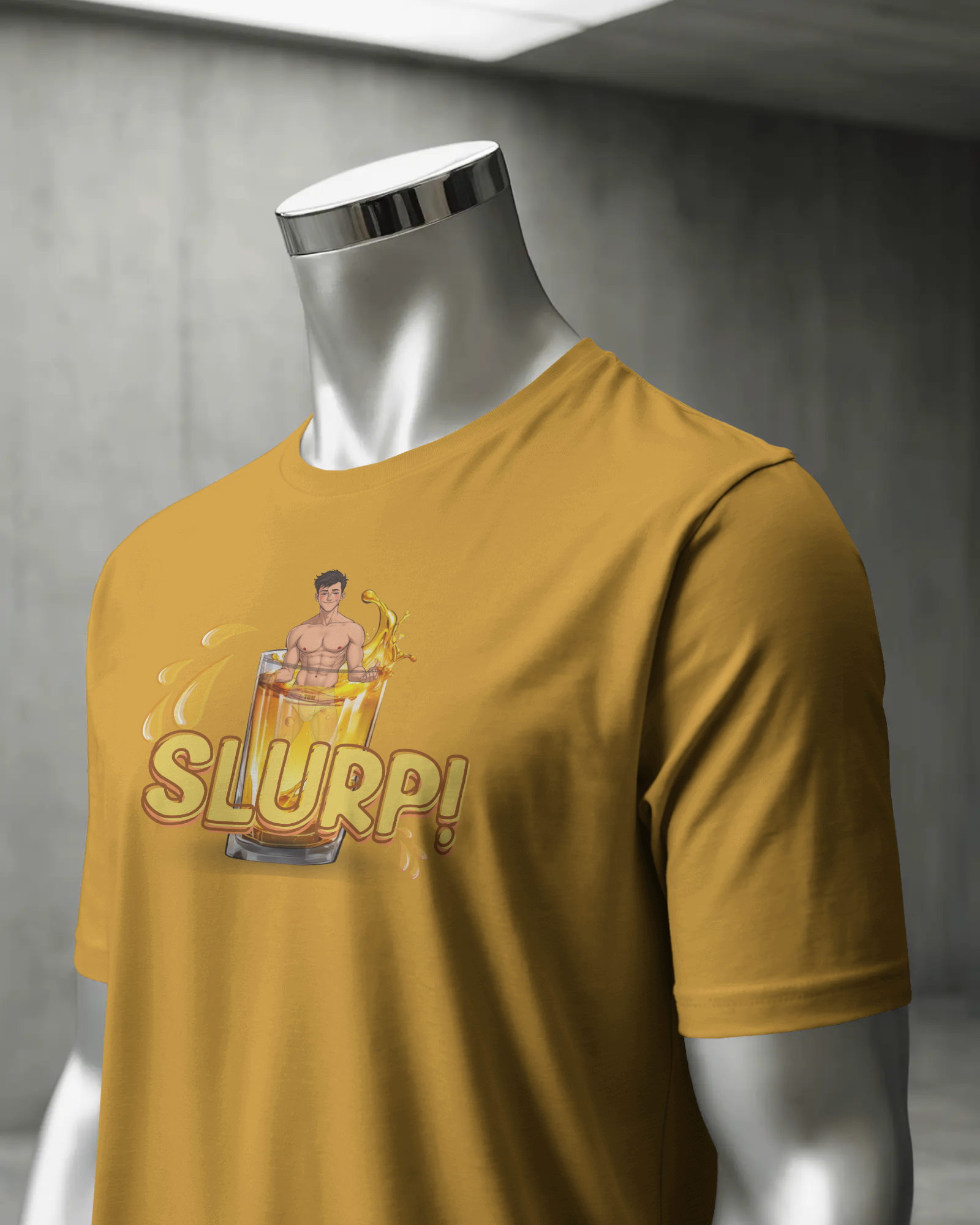 Mustard yellow t-shirt with a graphic design on a mannequin against a gray background